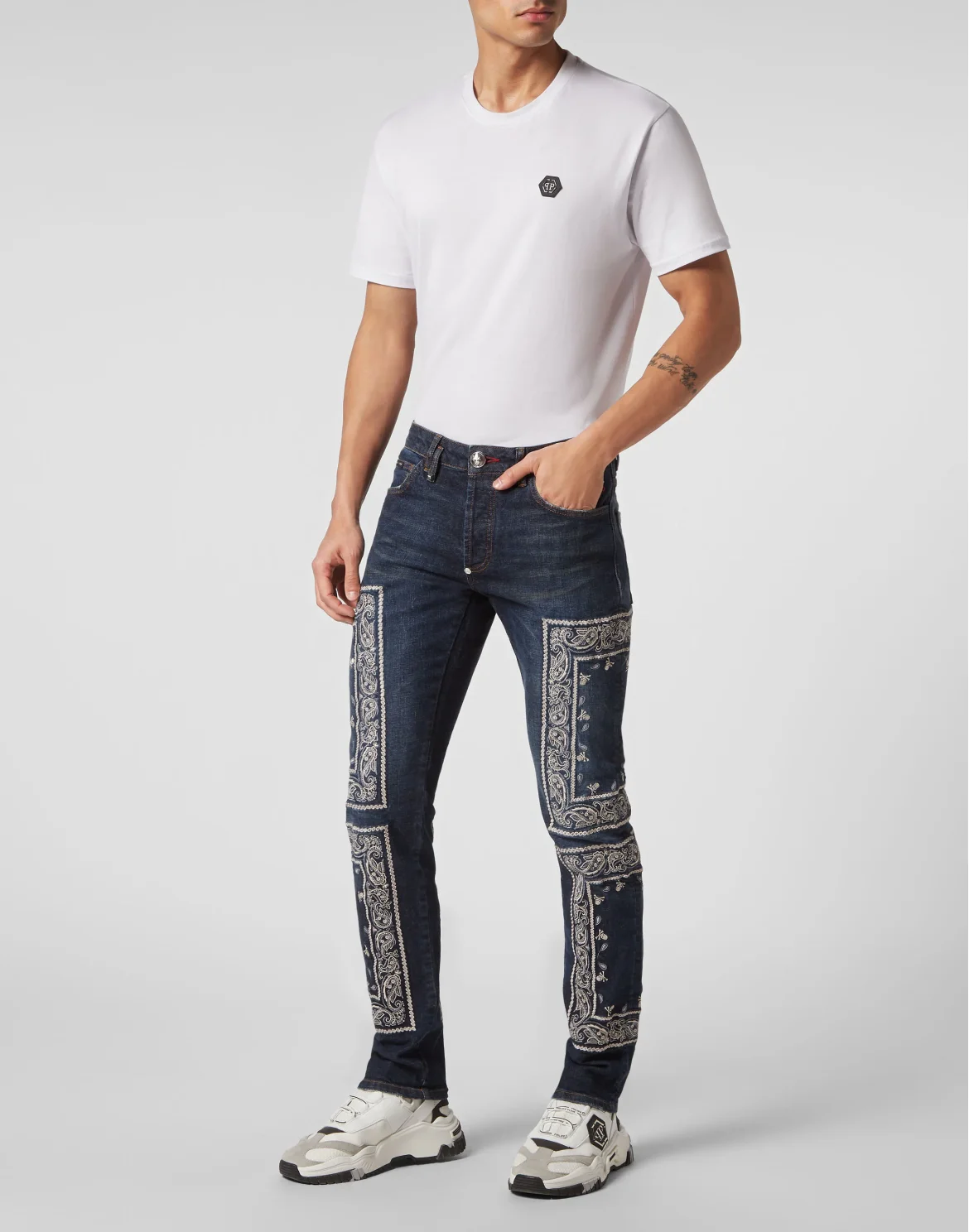 Embroidered Denim Trousers Super Straight Cut Paisley Bandana, цвет: Синий