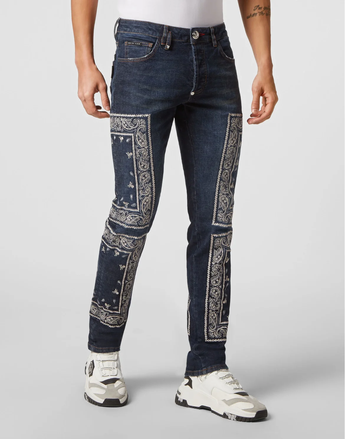Embroidered Denim Trousers Super Straight Cut Paisley Bandana, цвет: Синий