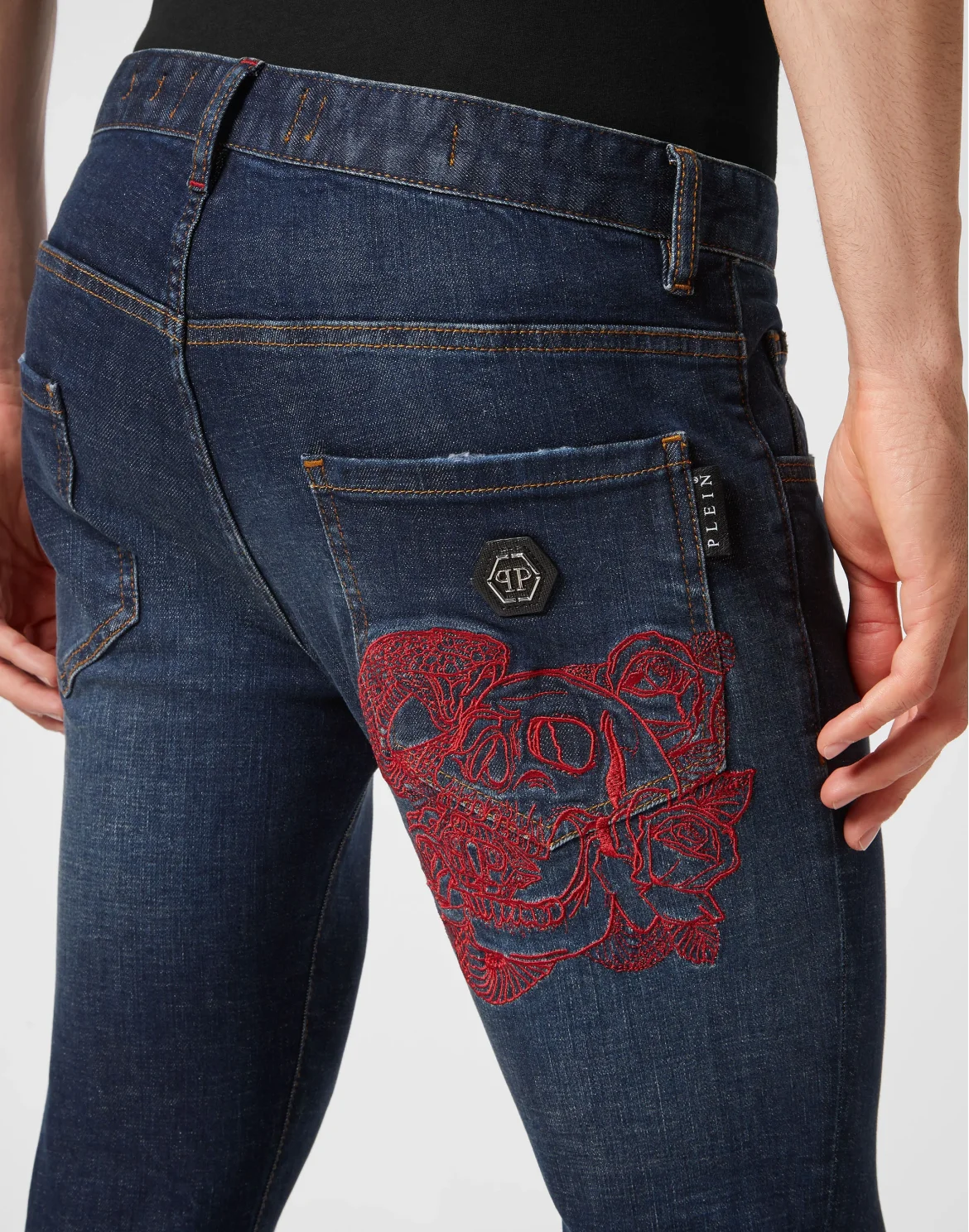 Embroidered Denim Trousers Skinny Fit Skull, цвет: Синий