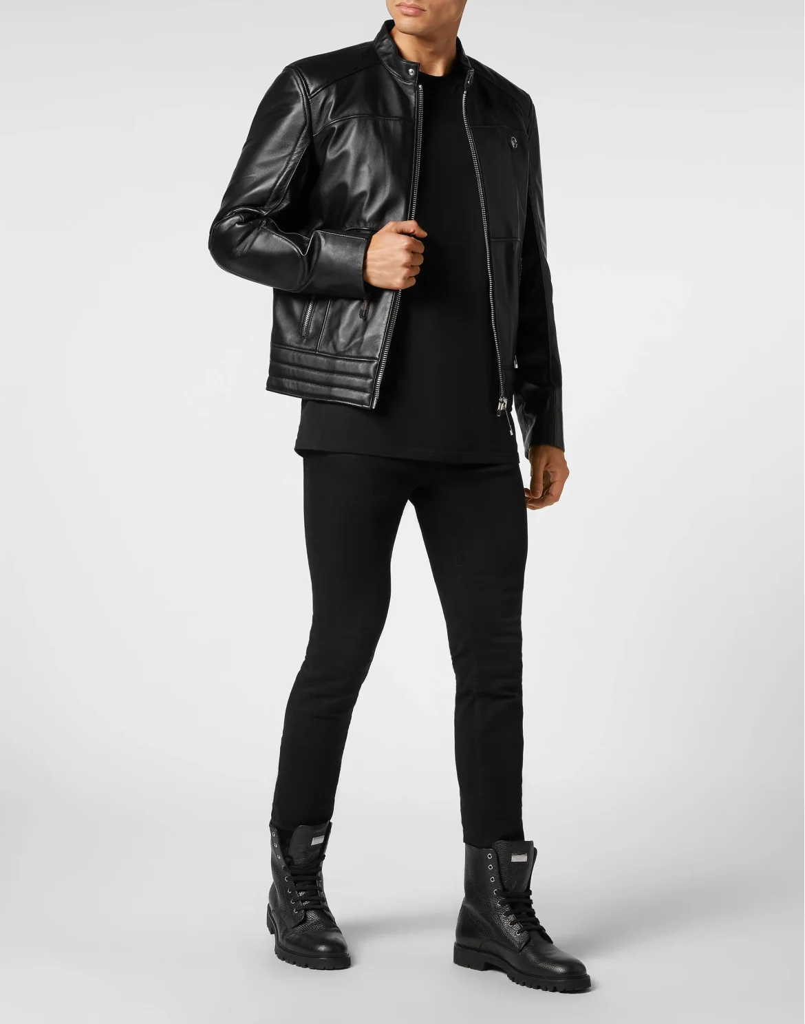 Padded Leather Biker Jacket, цвет: Черный