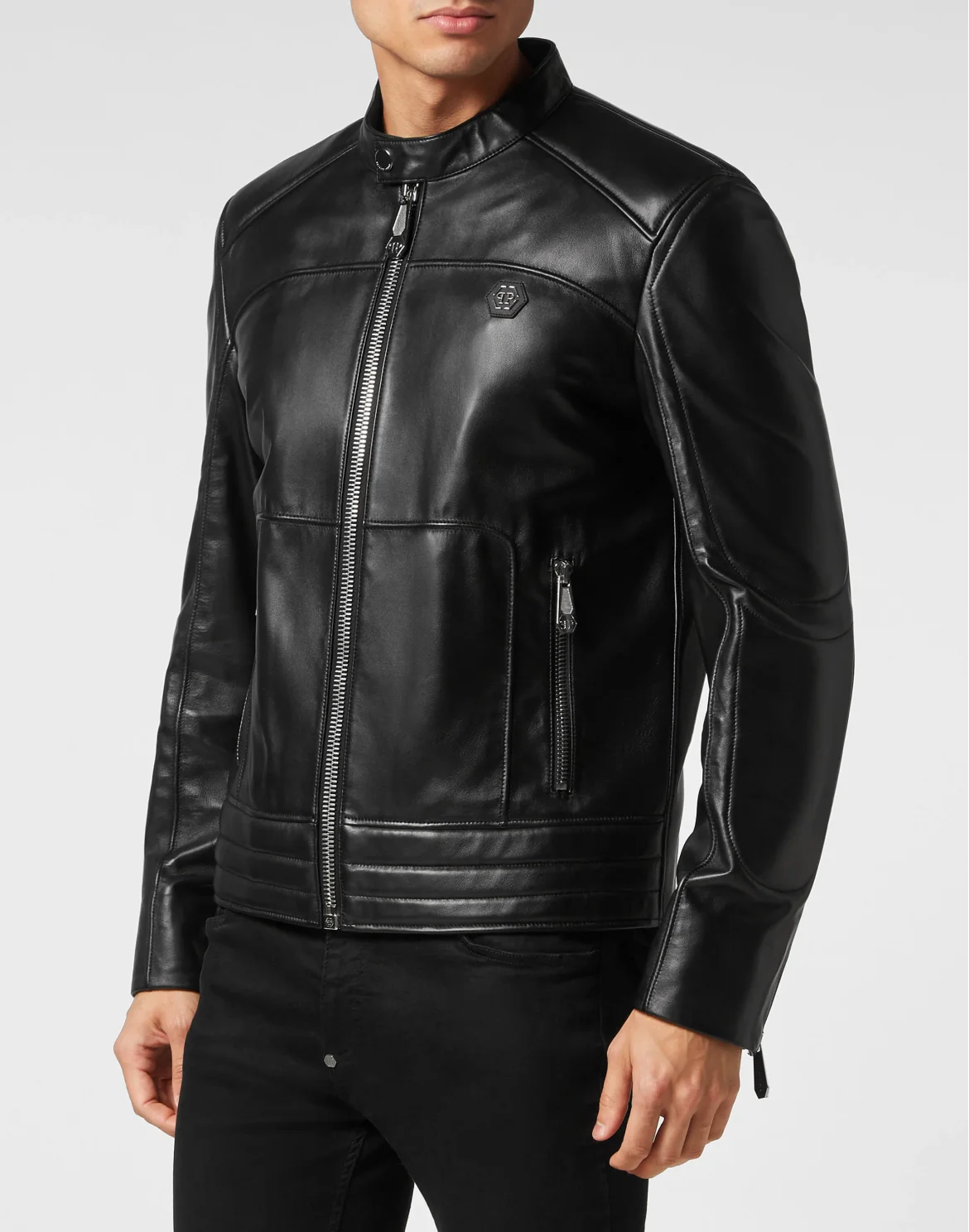 Padded Leather Biker Jacket, цвет: Черный