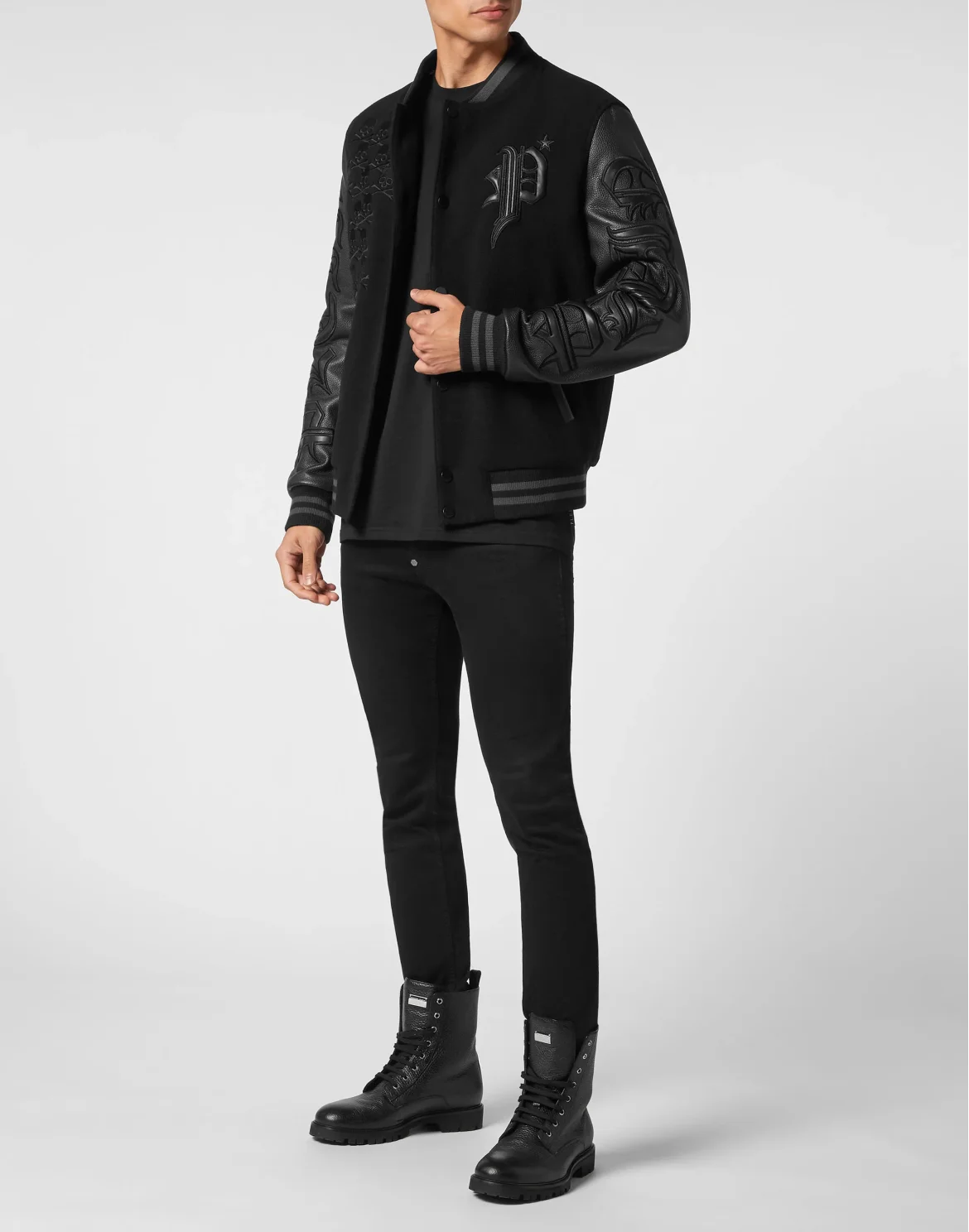 Wool College Bomber with Leather Arms Gothic Plein, цвет: Черный