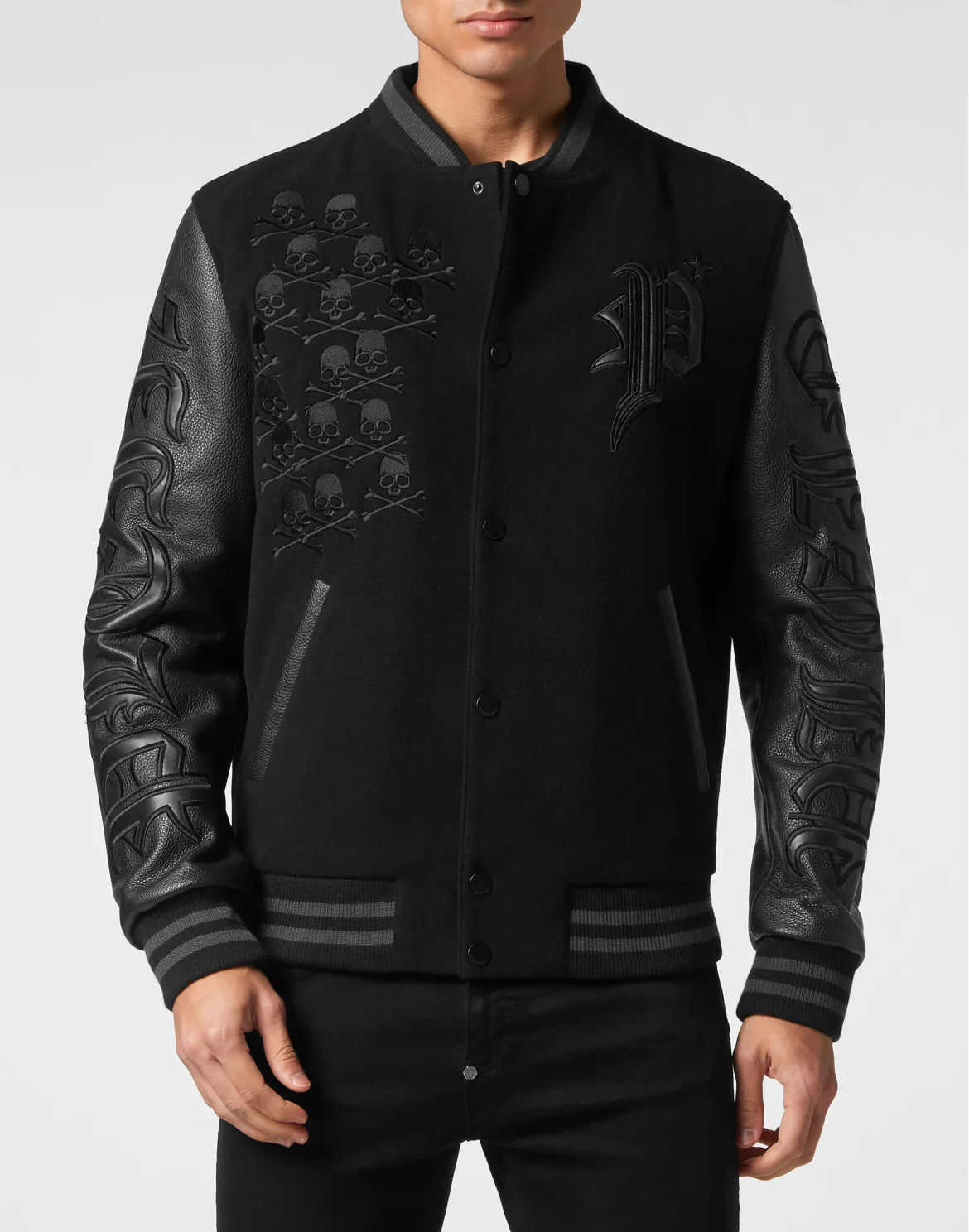 Wool College Bomber with Leather Arms Gothic Plein, цвет: Черный