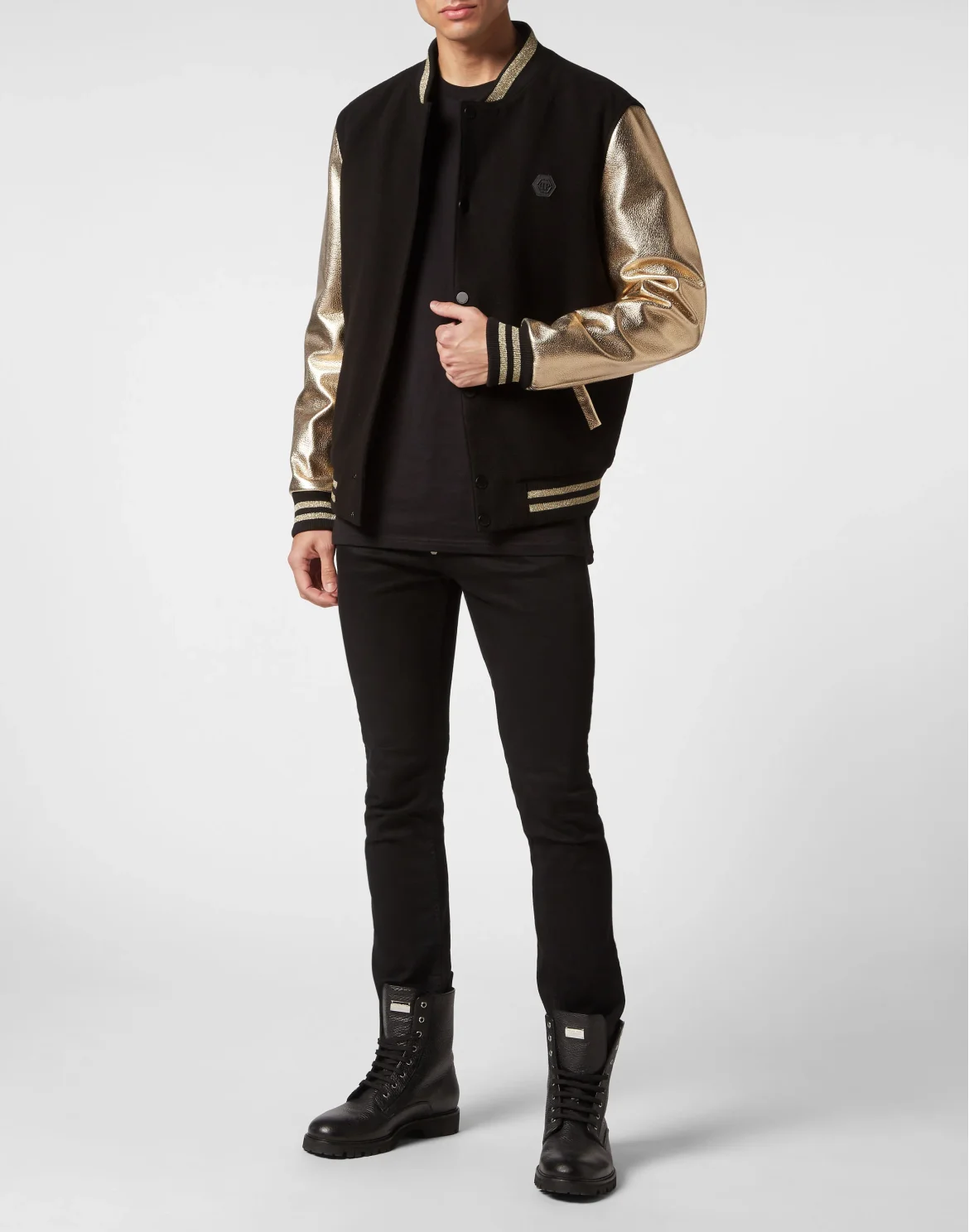 Wool College Bomber with Leather Arms, цвет: Черный