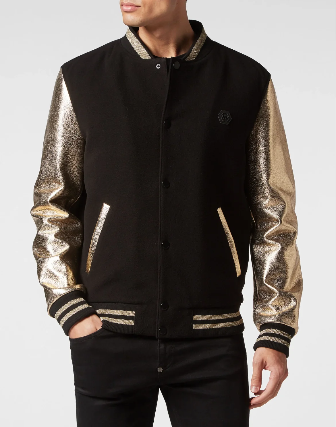 Wool College Bomber with Leather Arms, цвет: Черный