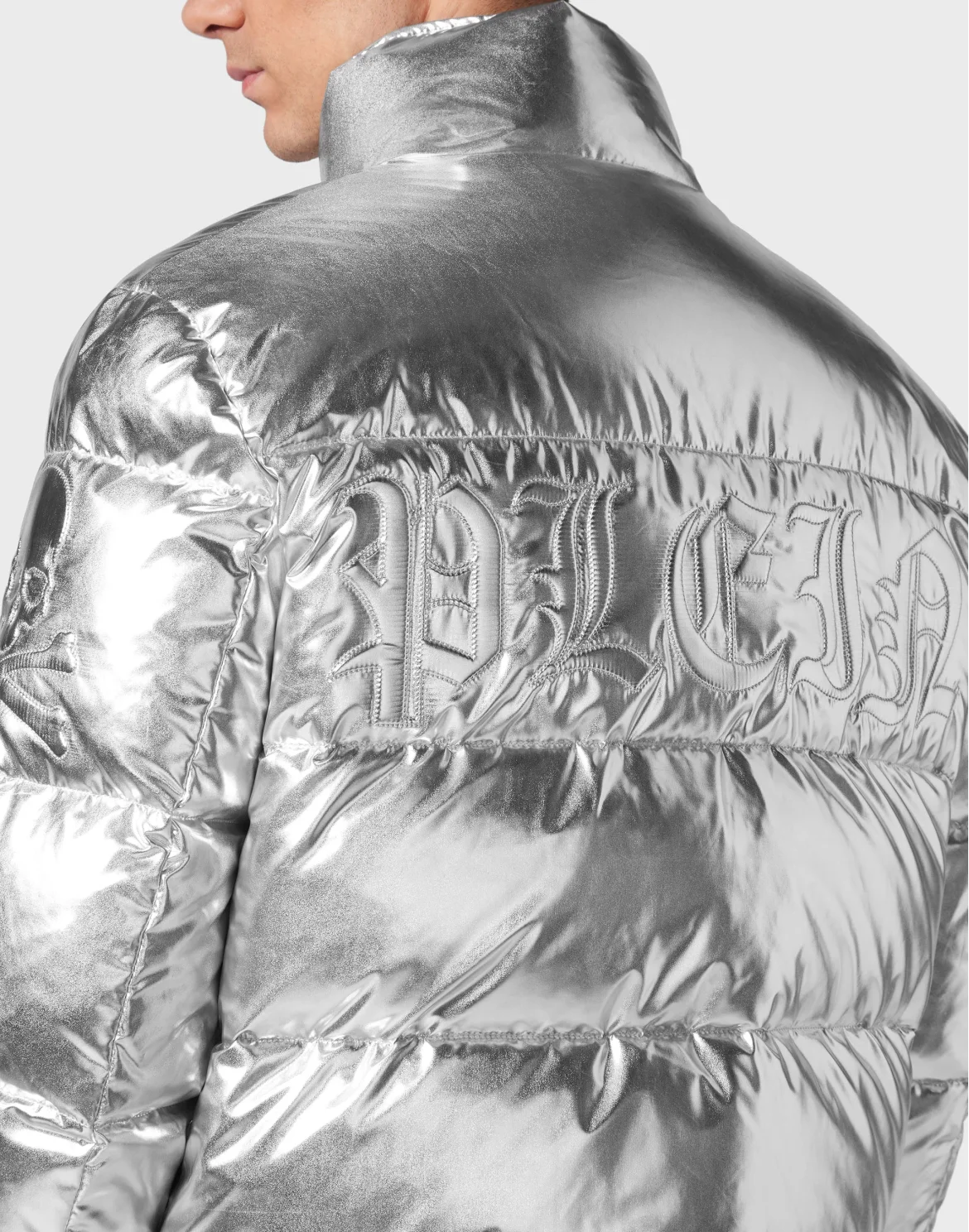 Nylon Puffer Jacket Gothic Plein, цвет: Серебристый