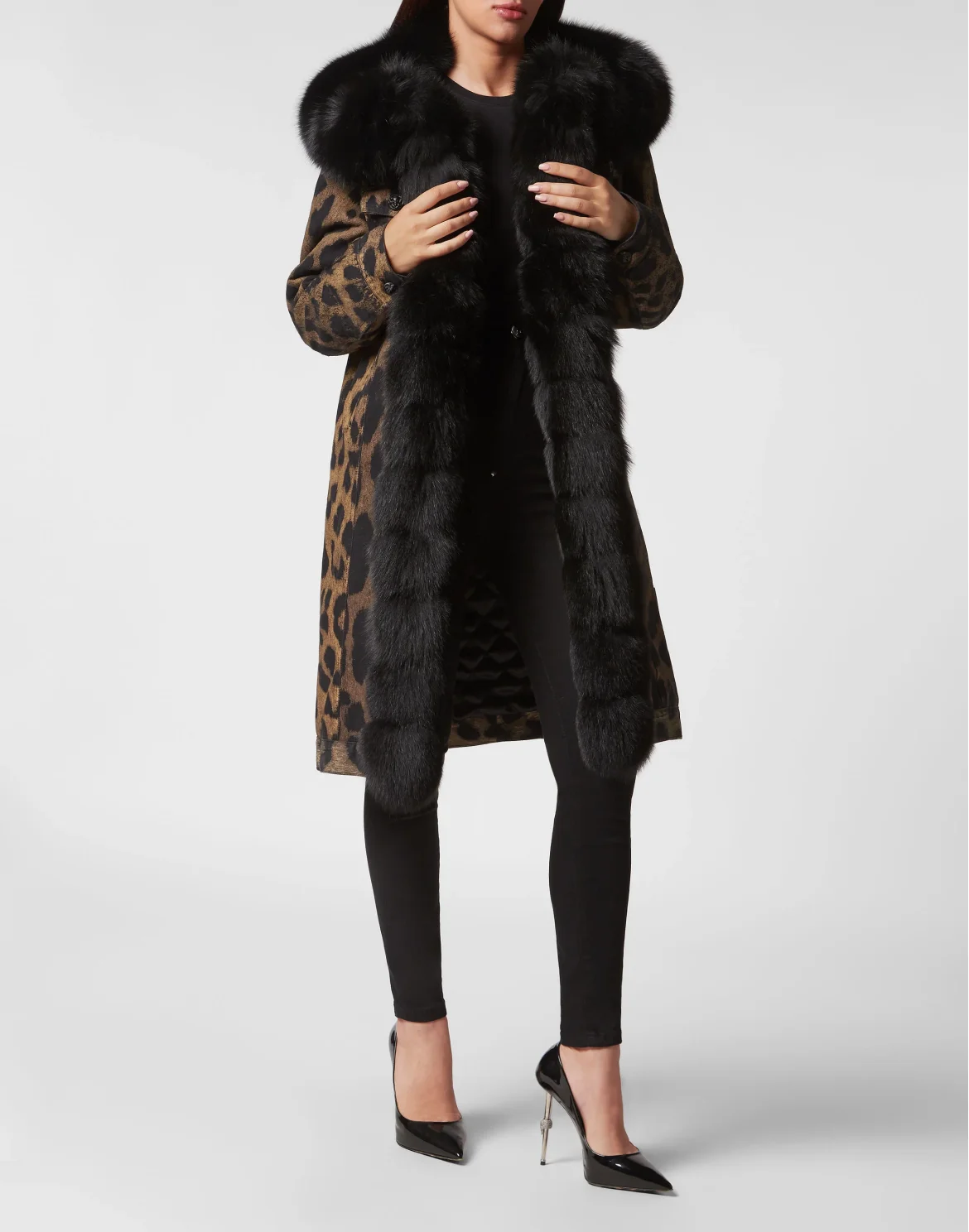 Denim Long Coat with Fur Leopard, цвет: Леопард