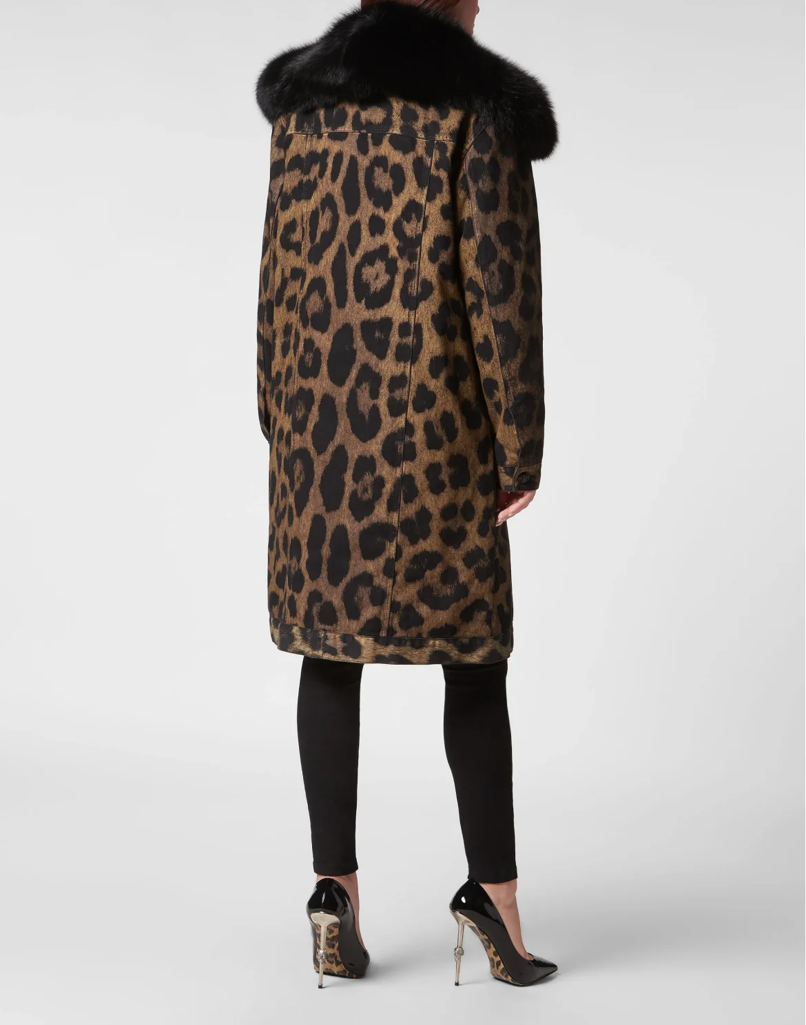 Denim Long Coat with Fur Leopard, цвет: Леопард