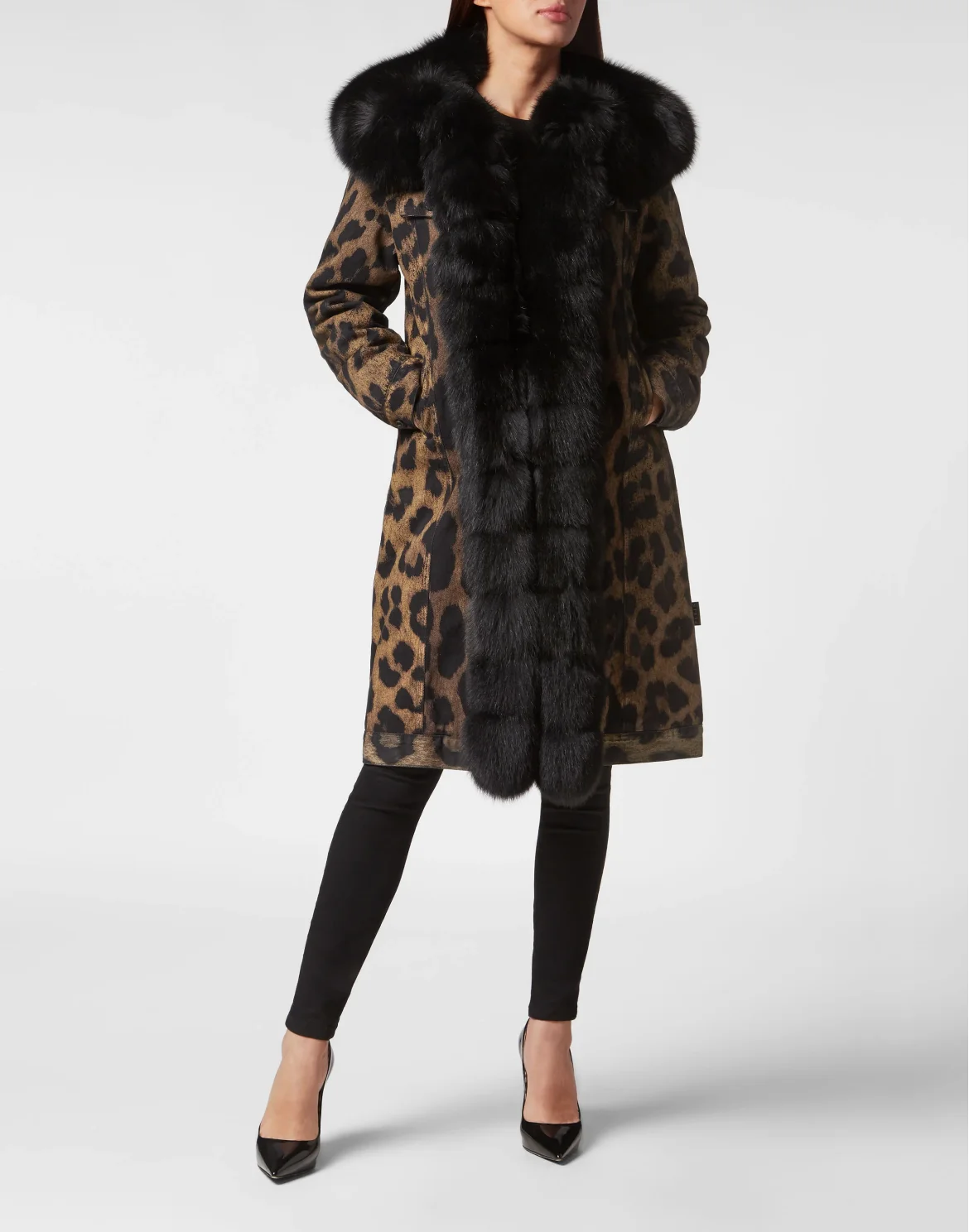 Denim Long Coat with Fur Leopard, цвет: Леопард
