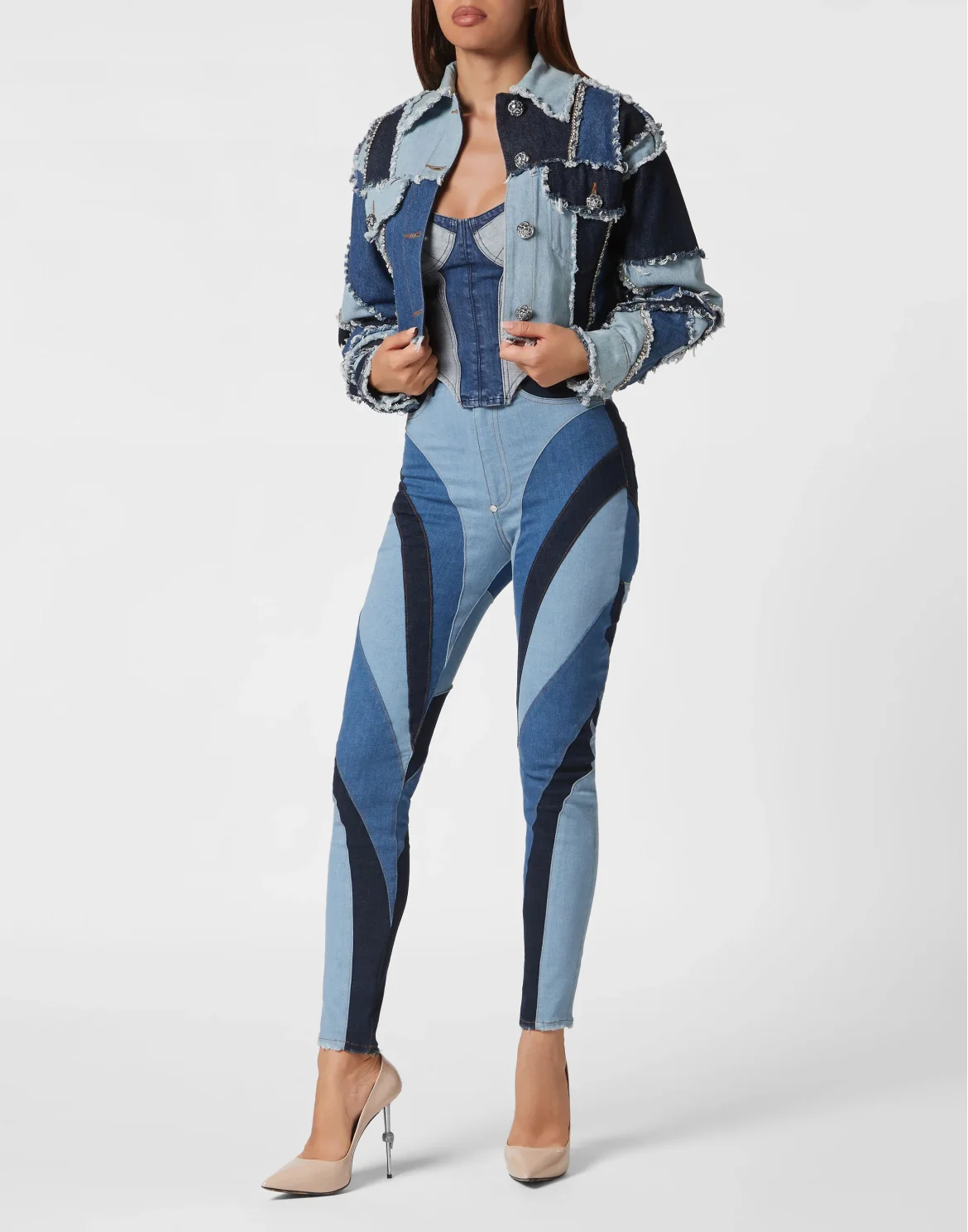 Denim Cropped Jacket Patchwork, цвет: Синий