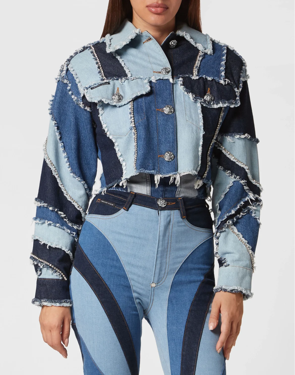 Denim Cropped Jacket Patchwork, цвет: Синий