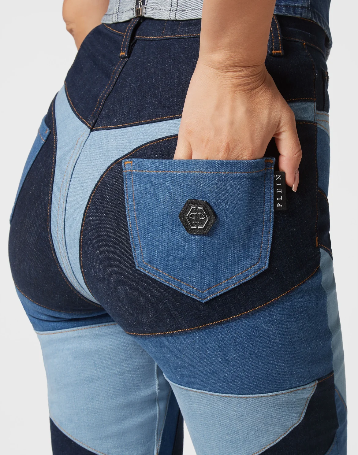 Denim Super High Waist Jeggings Patchwork, цвет: Синий