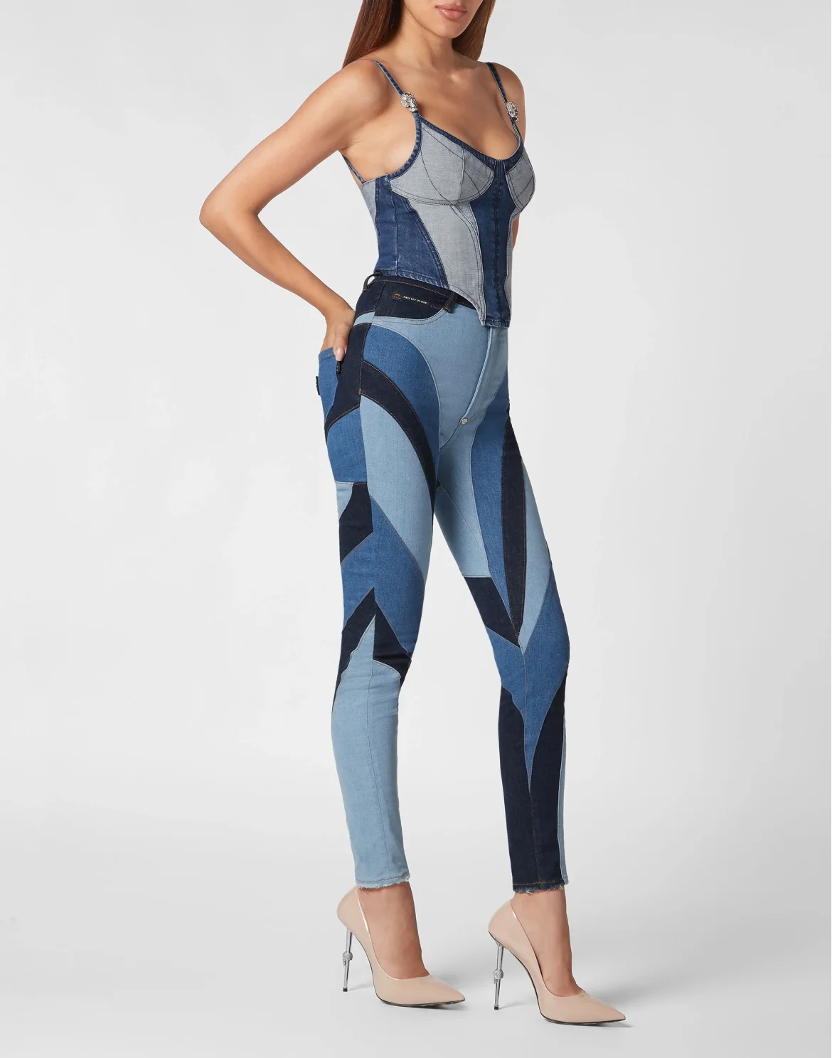 Denim Super High Waist Jeggings Patchwork, цвет: Синий