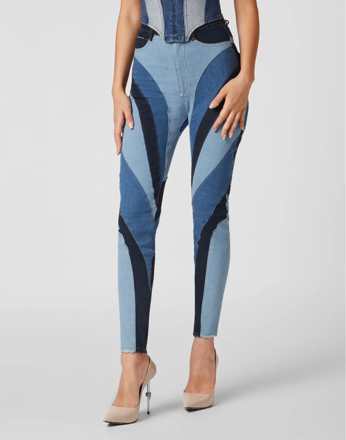 Denim Super High Waist Jeggings Patchwork, цвет: Синий