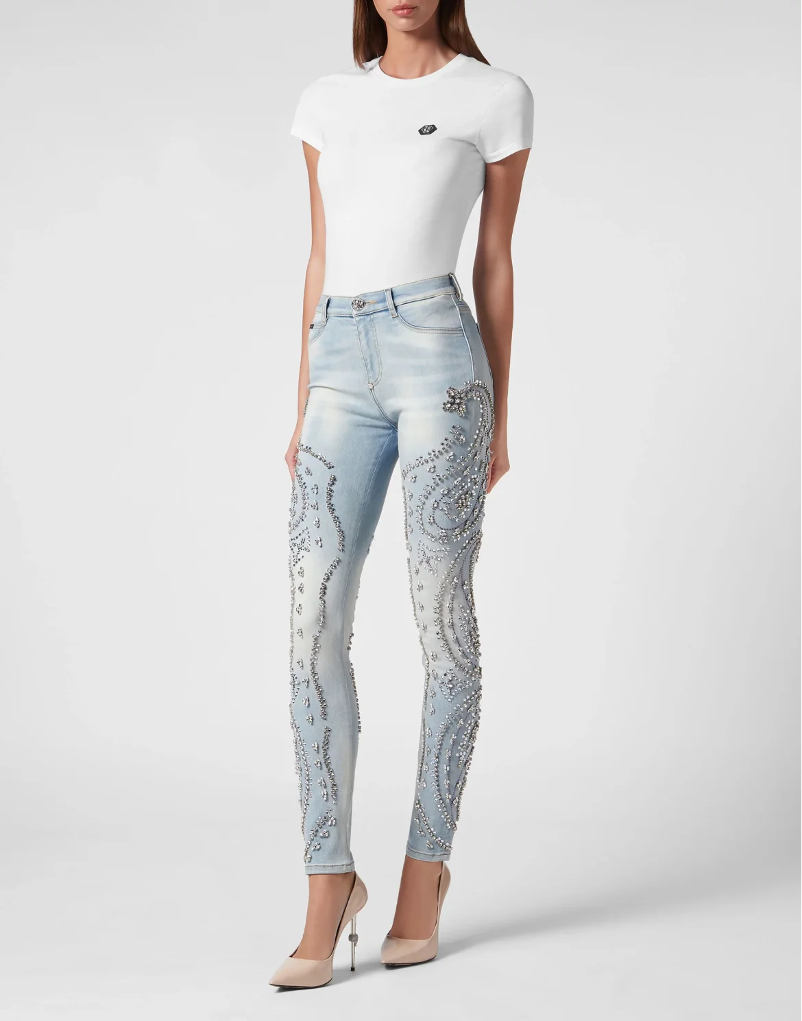Denim Trousers High Waist with Crystals Cowboy, цвет: Голубой