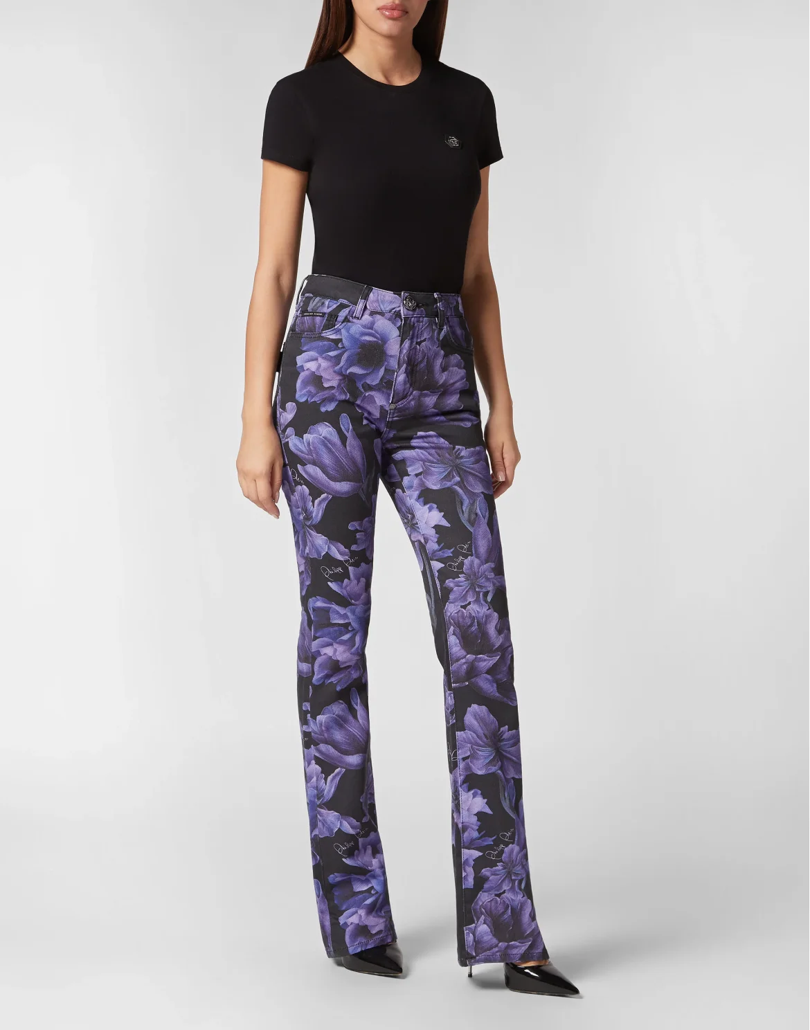 Denim Trousers  Flare Fit Flowers, цвет: Черный