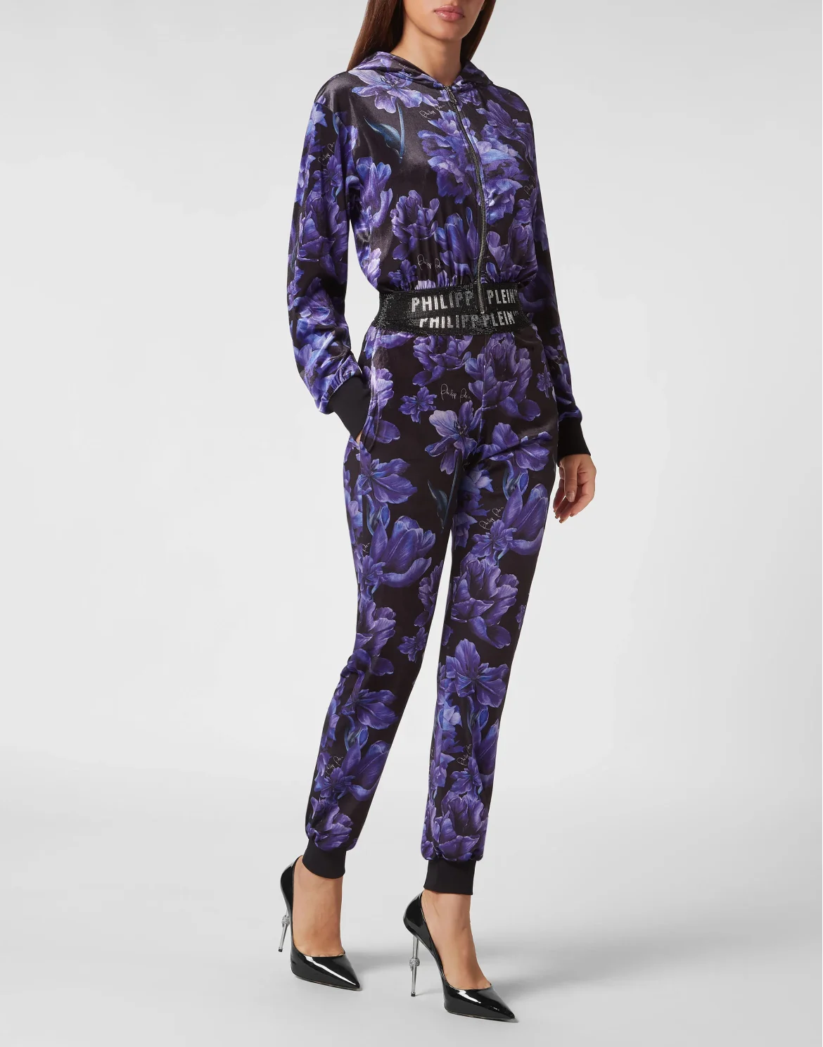 Cropped Hoodie Sweatjacket Flowers, цвет: Черный