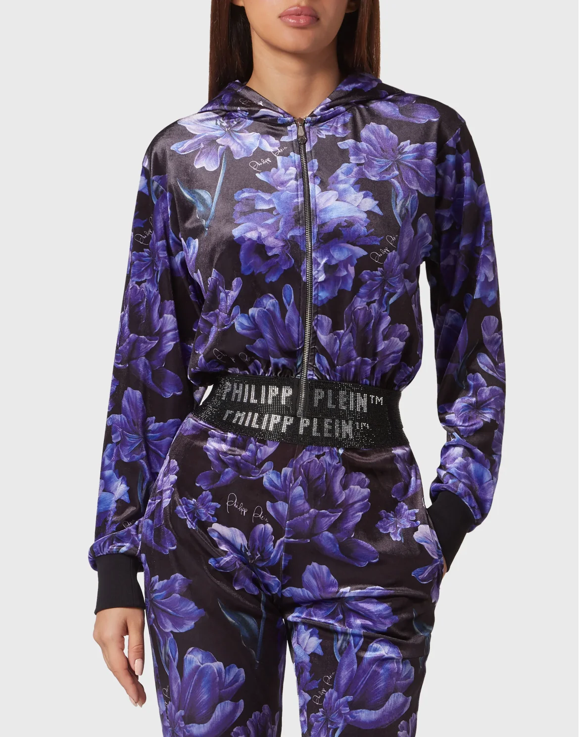 Cropped Hoodie Sweatjacket Flowers, цвет: Черный