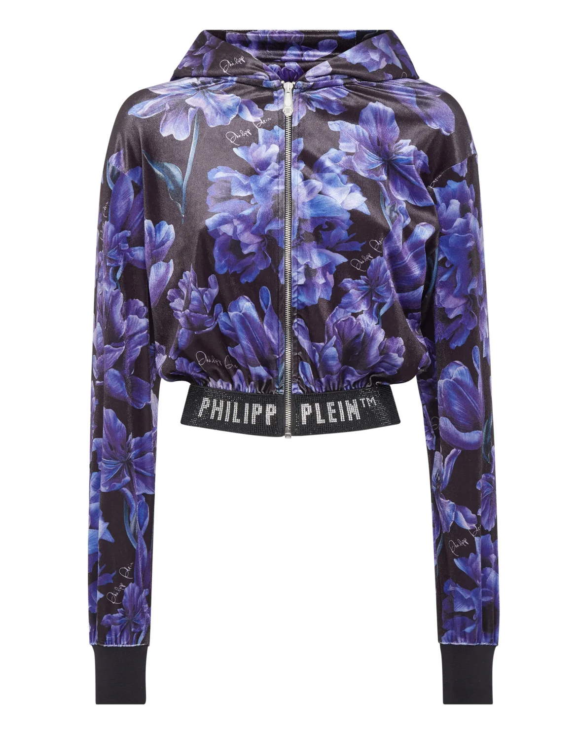 Cropped Hoodie Sweatjacket Flowers, цвет: Черный
