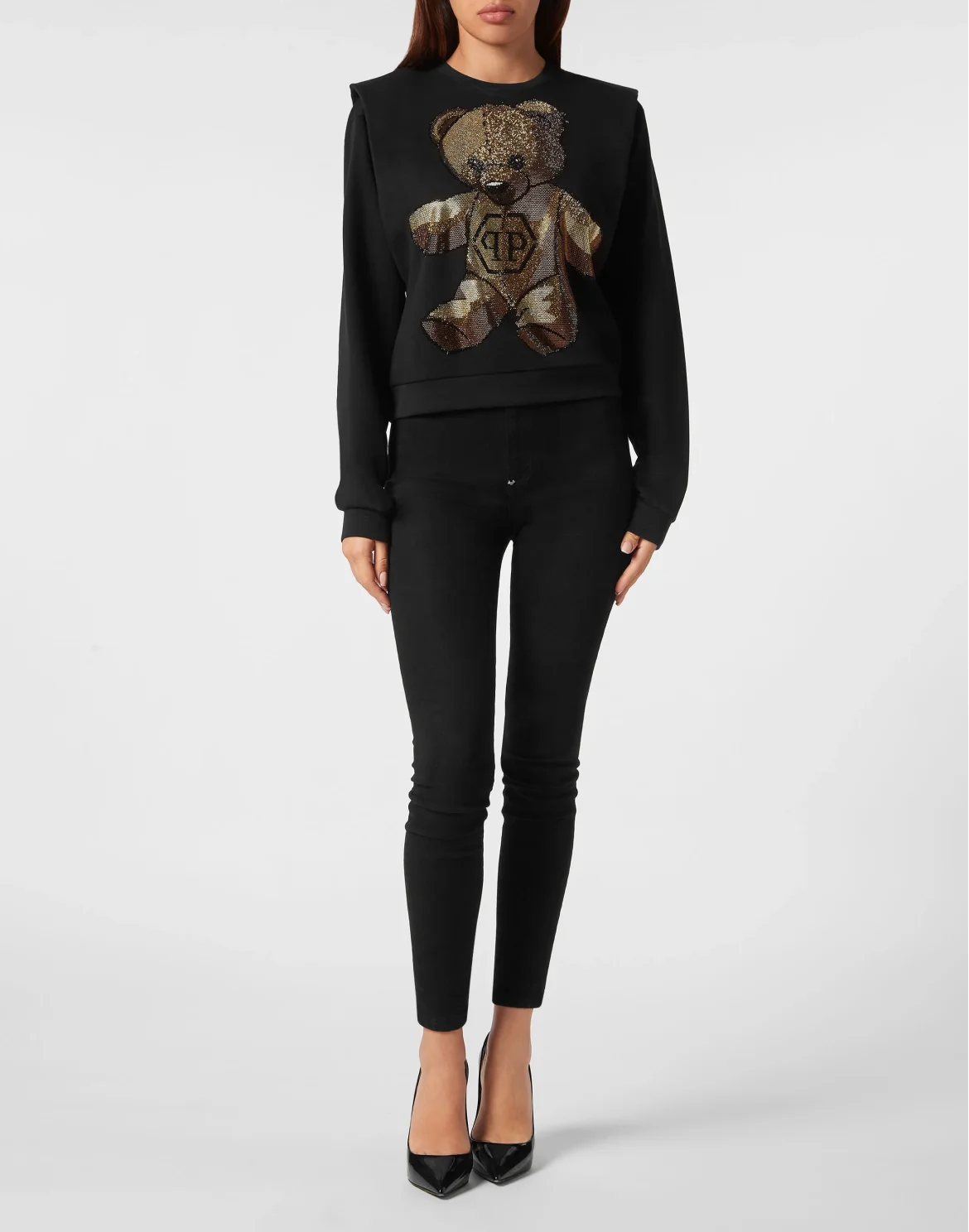 Cropped Padded Shoulder Sweatshirt with Crystals Teddy Bear, цвет: Черный