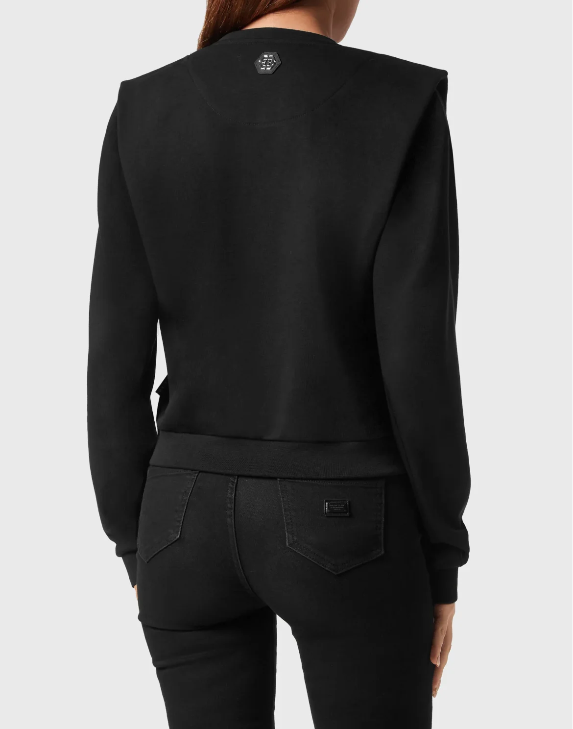 Cropped Padded Shoulder Sweatshirt with Crystals Teddy Bear, цвет: Черный