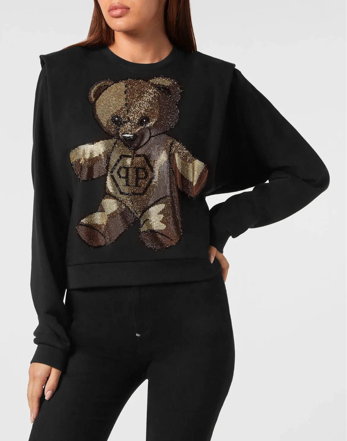 Cropped Padded Shoulder Sweatshirt with Crystals Teddy Bear, цвет: Черный