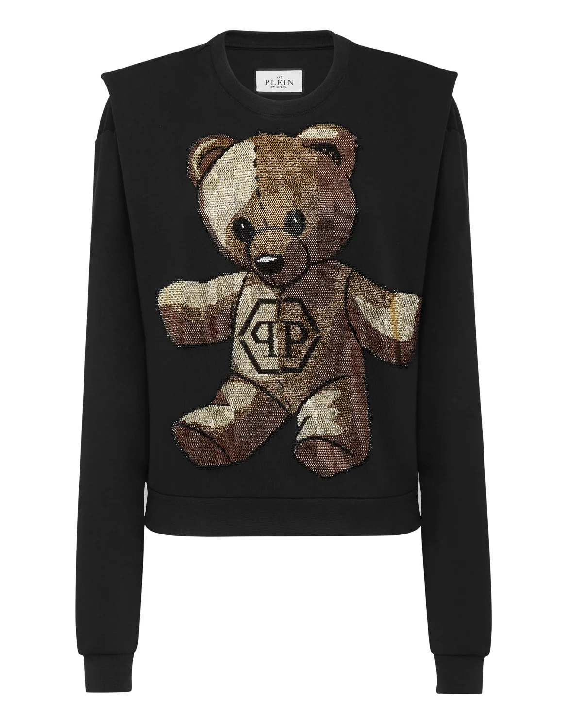 Cropped Padded Shoulder Sweatshirt with Crystals Teddy Bear, цвет: Черный