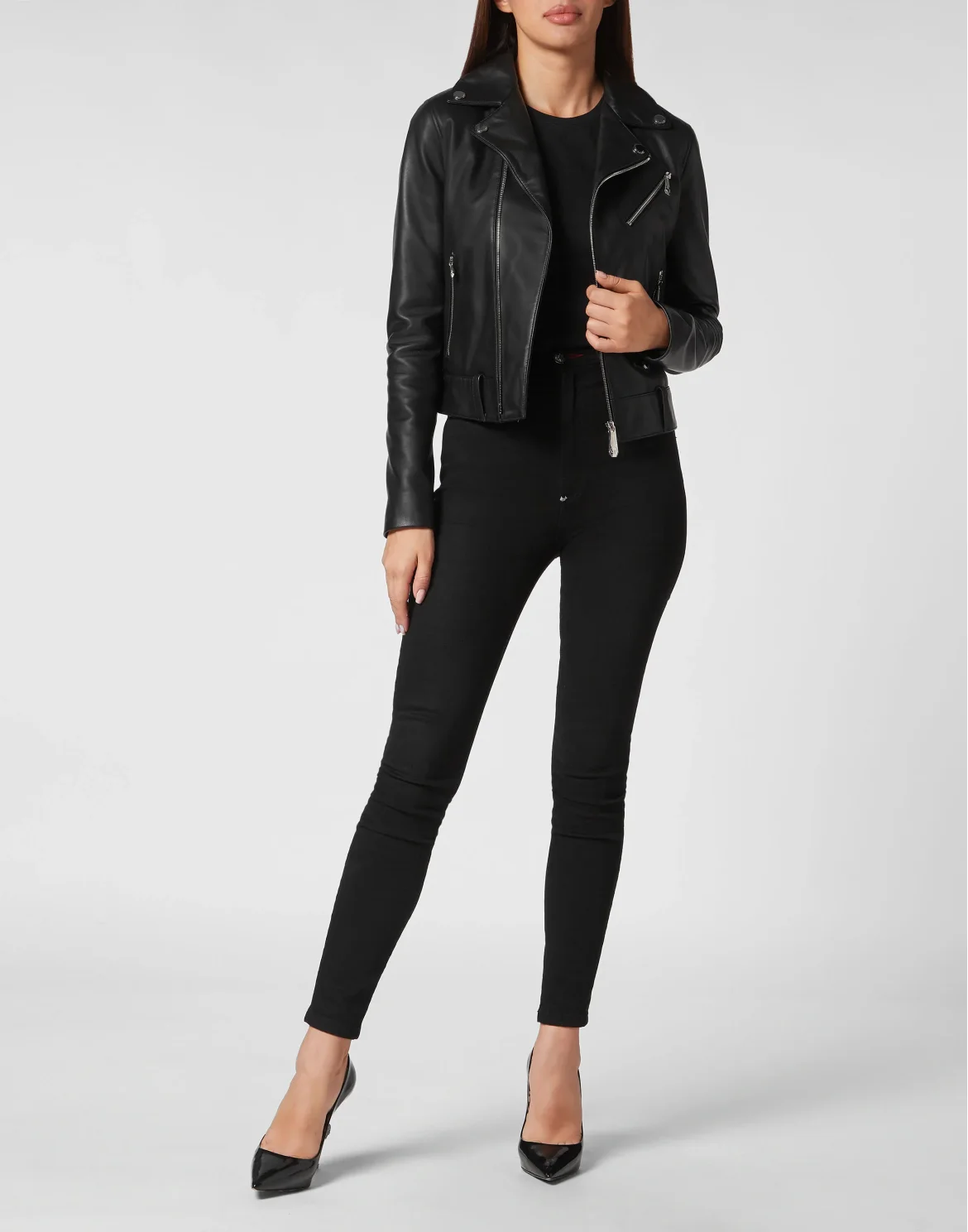 Leather Boxy Biker Jacket with Crystals, цвет: Черный