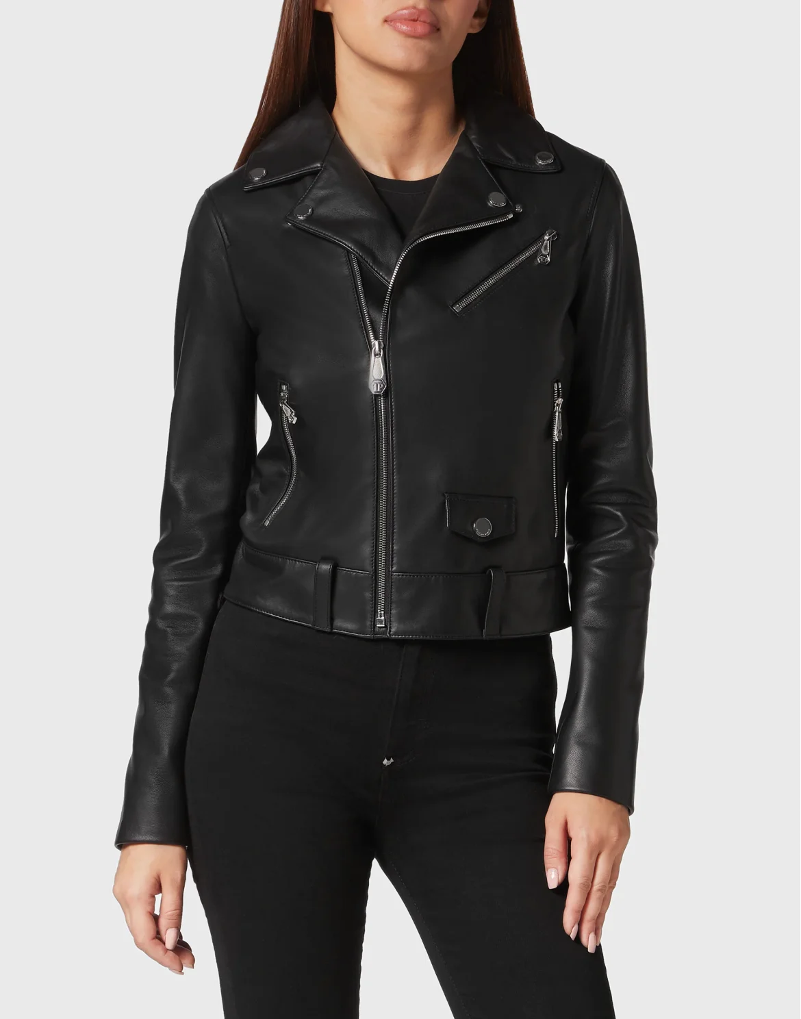 Leather Boxy Biker Jacket with Crystals, цвет: Черный