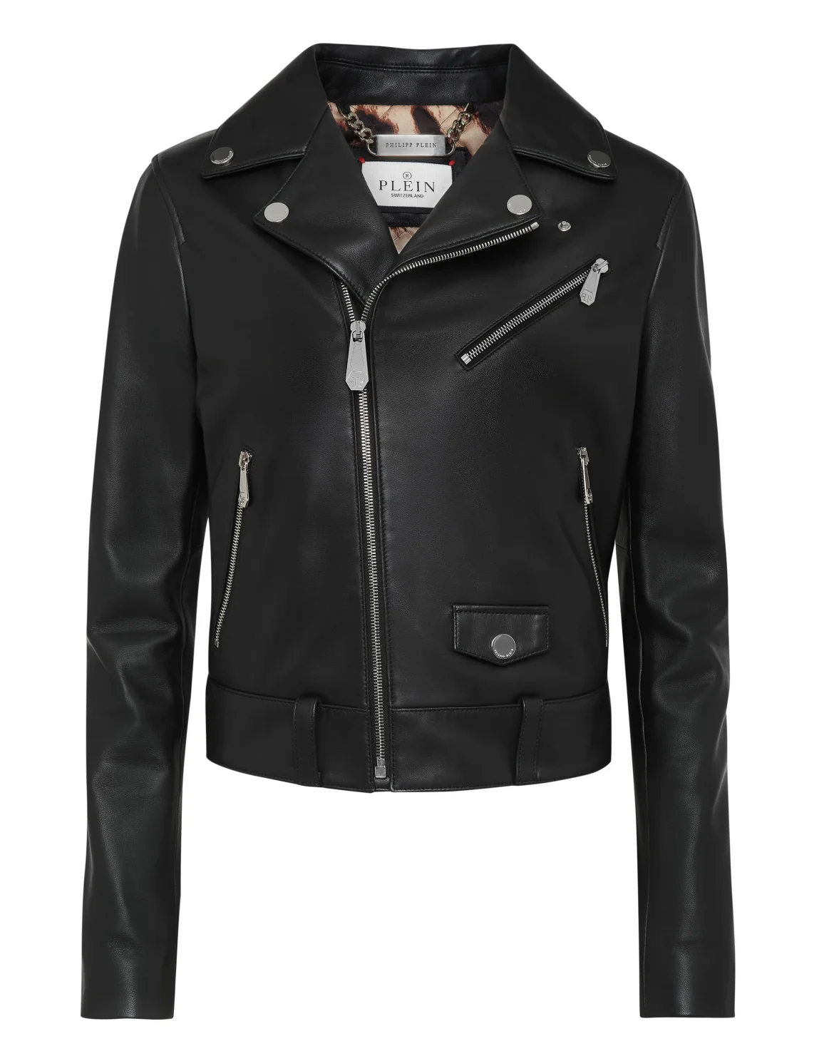 Leather Boxy Biker Jacket with Crystals, цвет: Черный