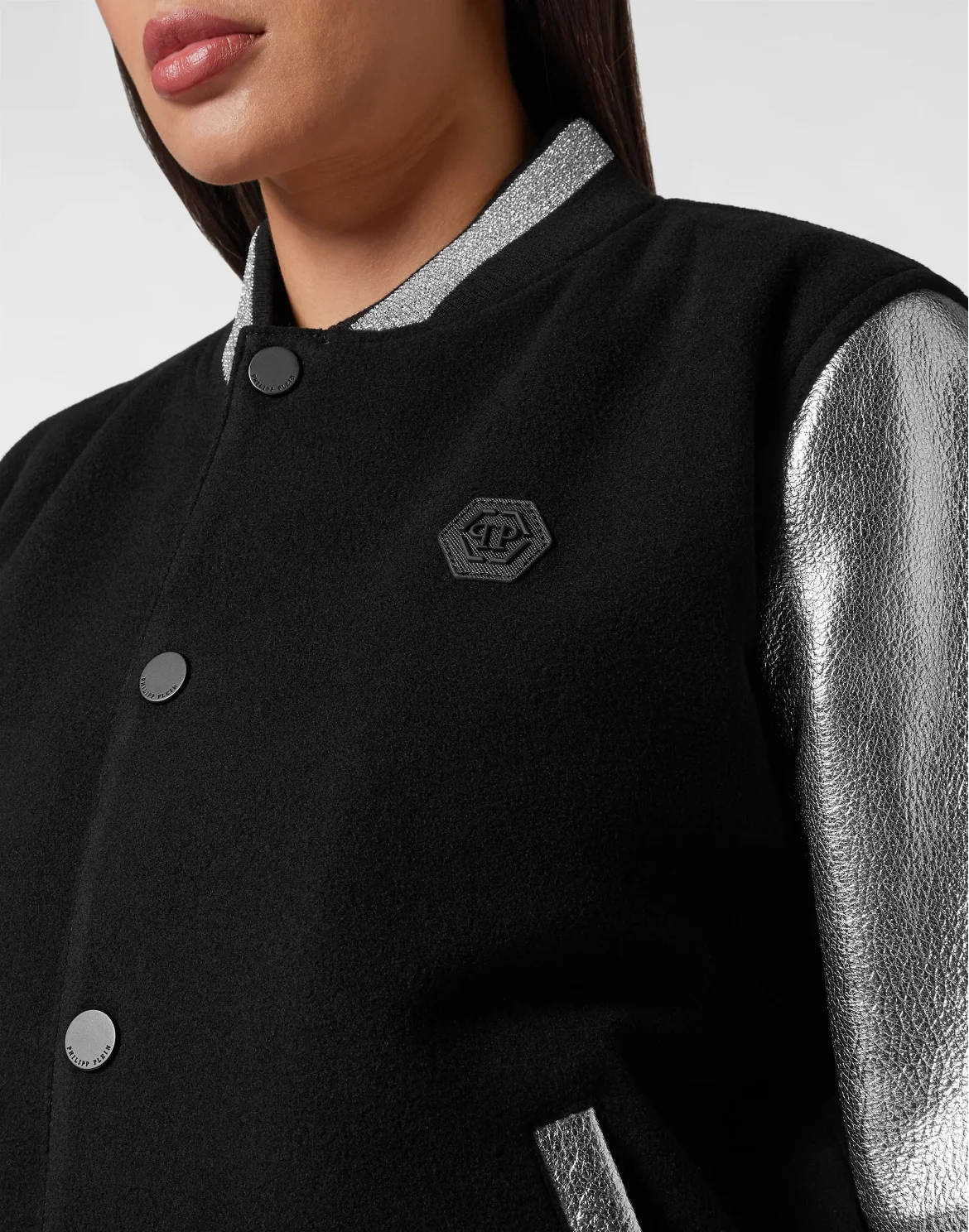 Wool College Bomber with Leather Arms, цвет: Серебристый