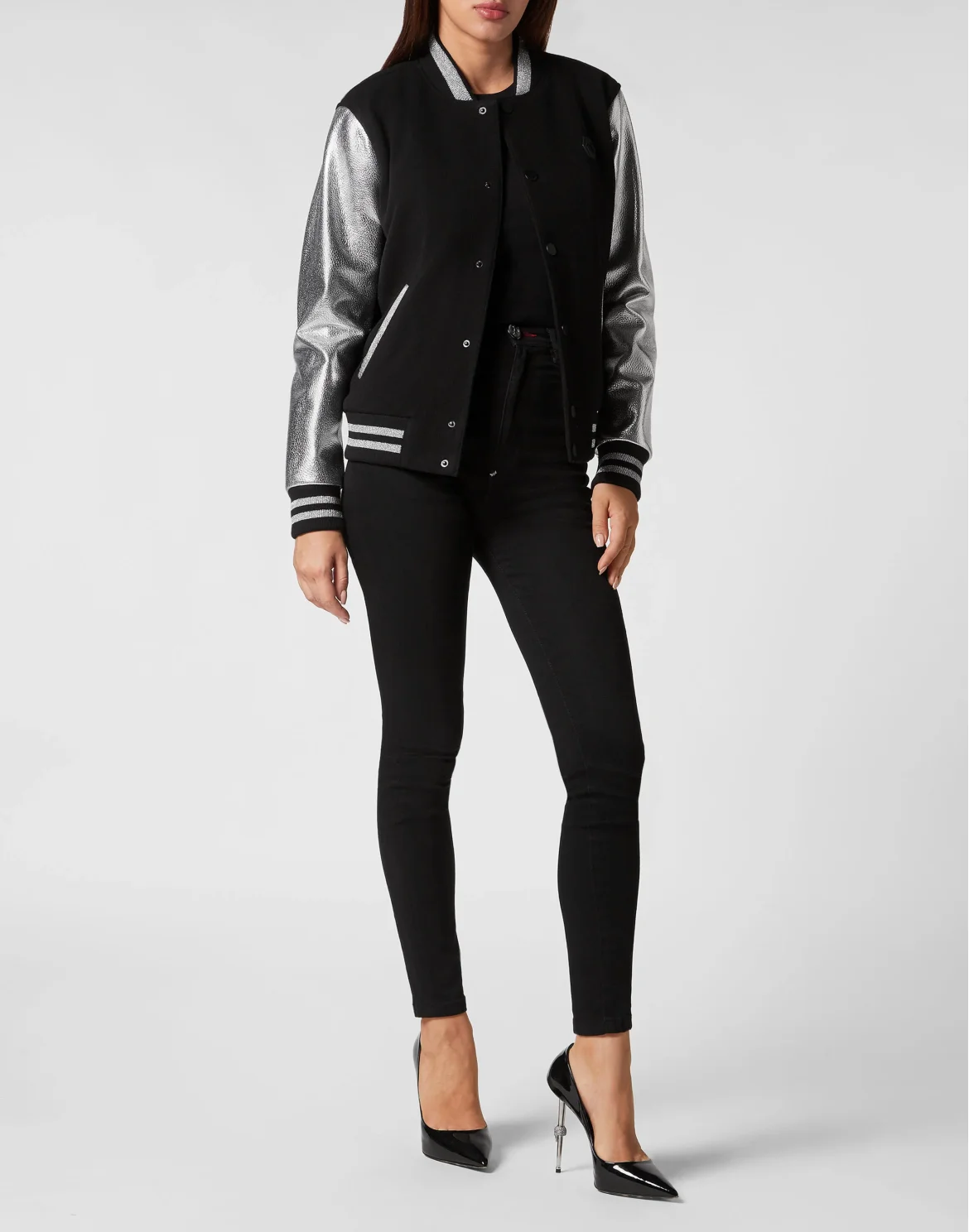 Wool College Bomber with Leather Arms, цвет: Серебристый