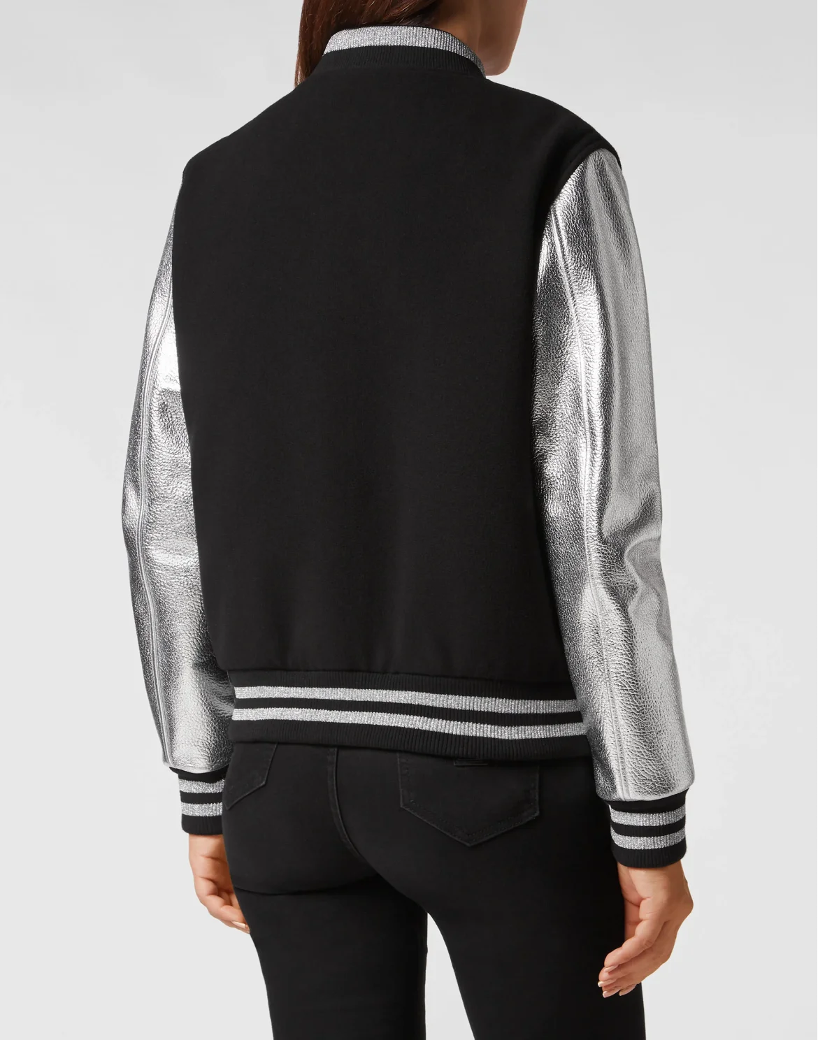 Wool College Bomber with Leather Arms, цвет: Серебристый