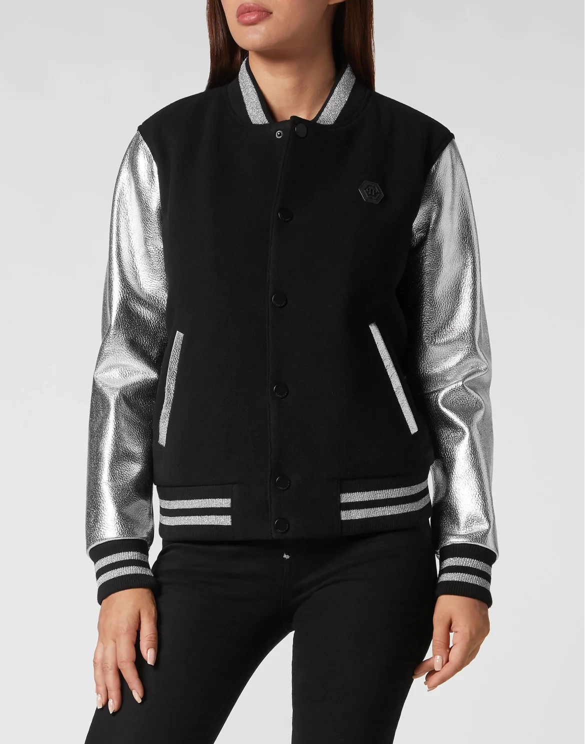 Wool College Bomber with Leather Arms, цвет: Серебристый