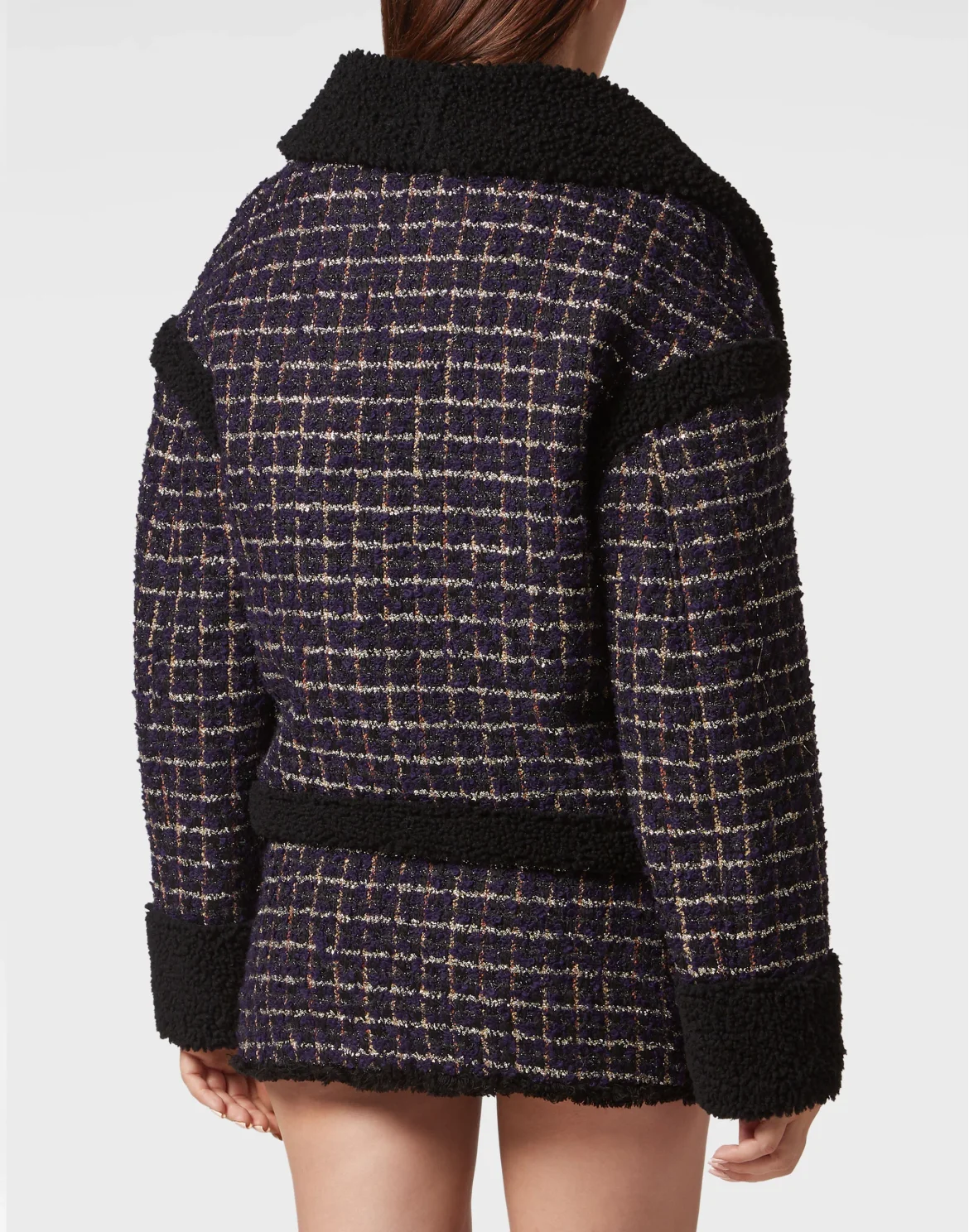 Tweed and Shearling Mix Coat Loose Fit Tartan, цвет: Черный