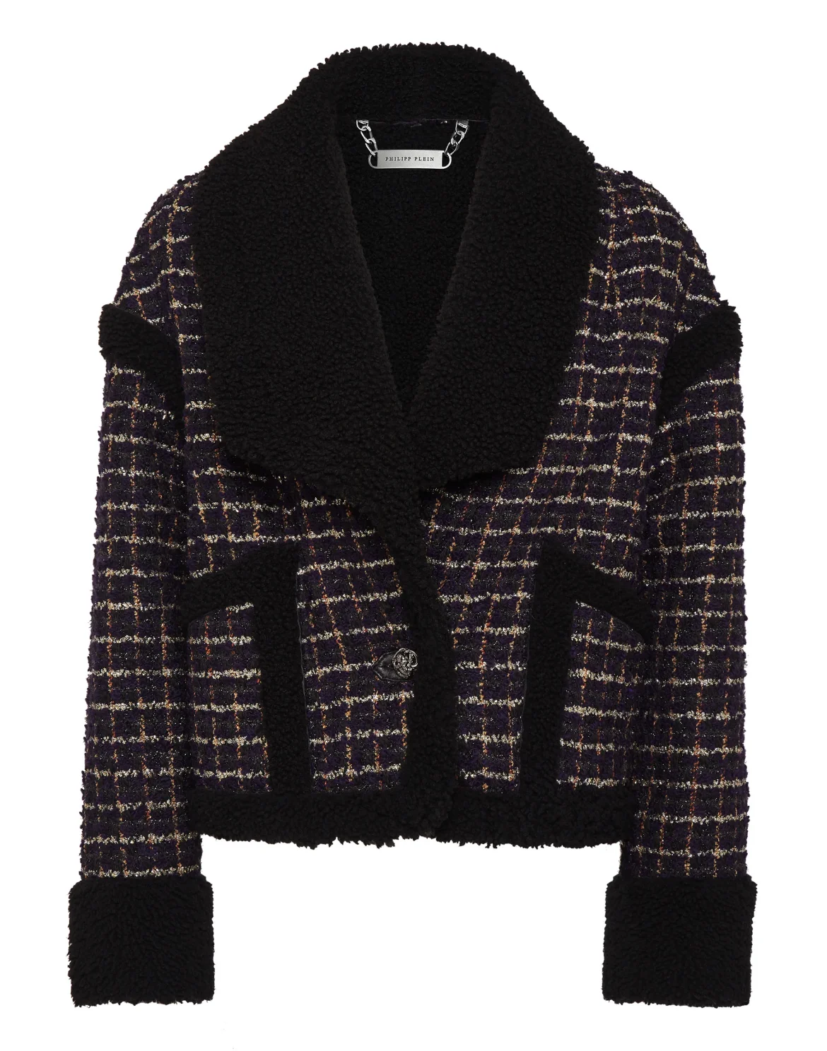 Tweed and Shearling Mix Coat Loose Fit Tartan, цвет: Черный