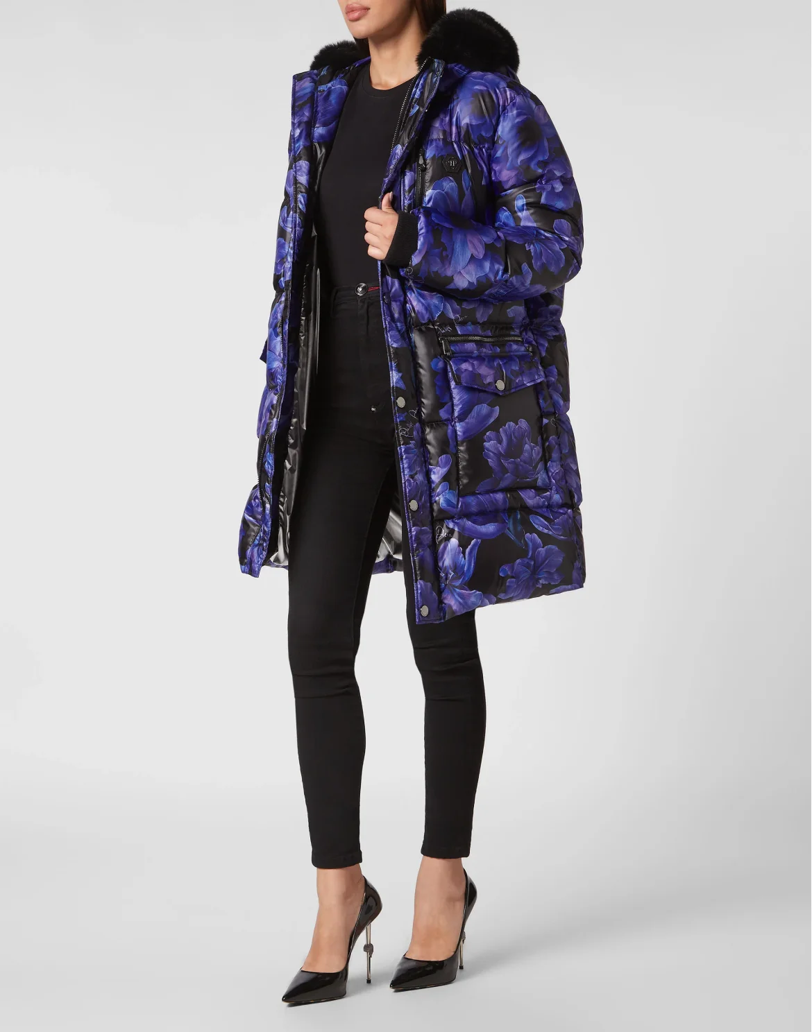 Nylon Parka with Fur Flowers, цвет: Черный