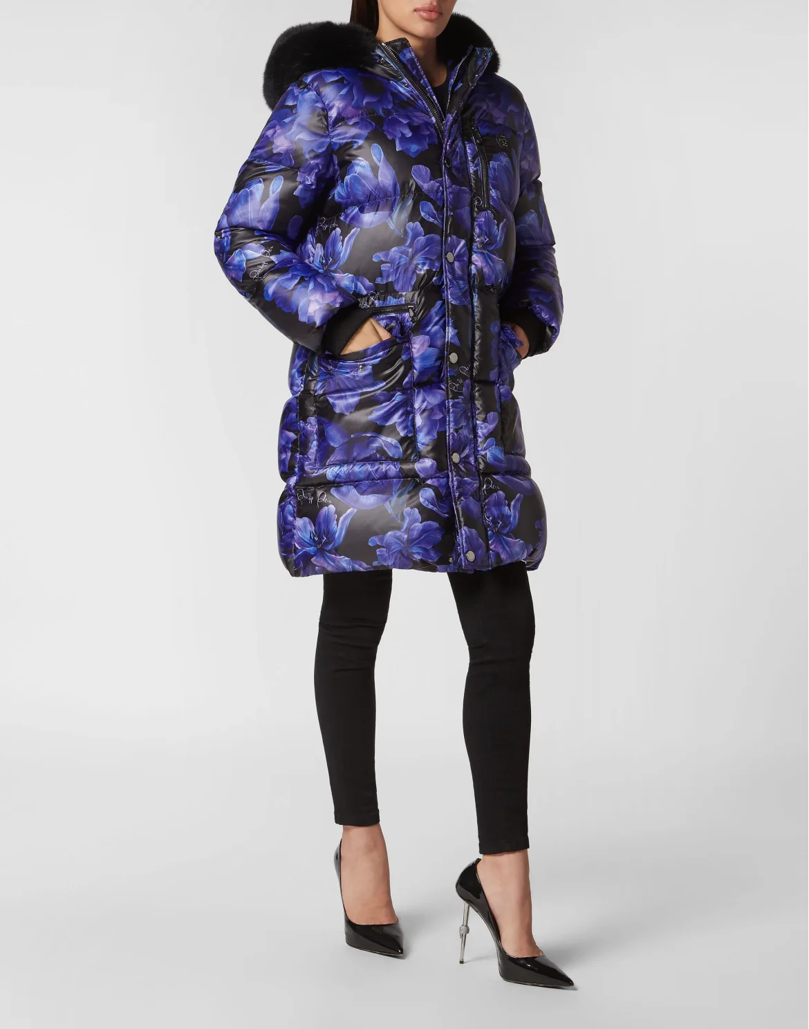 Nylon Parka with Fur Flowers, цвет: Черный