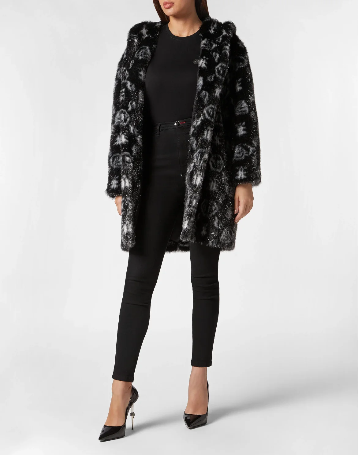 Eco Fur Coat Long Monogram, цвет: Черный