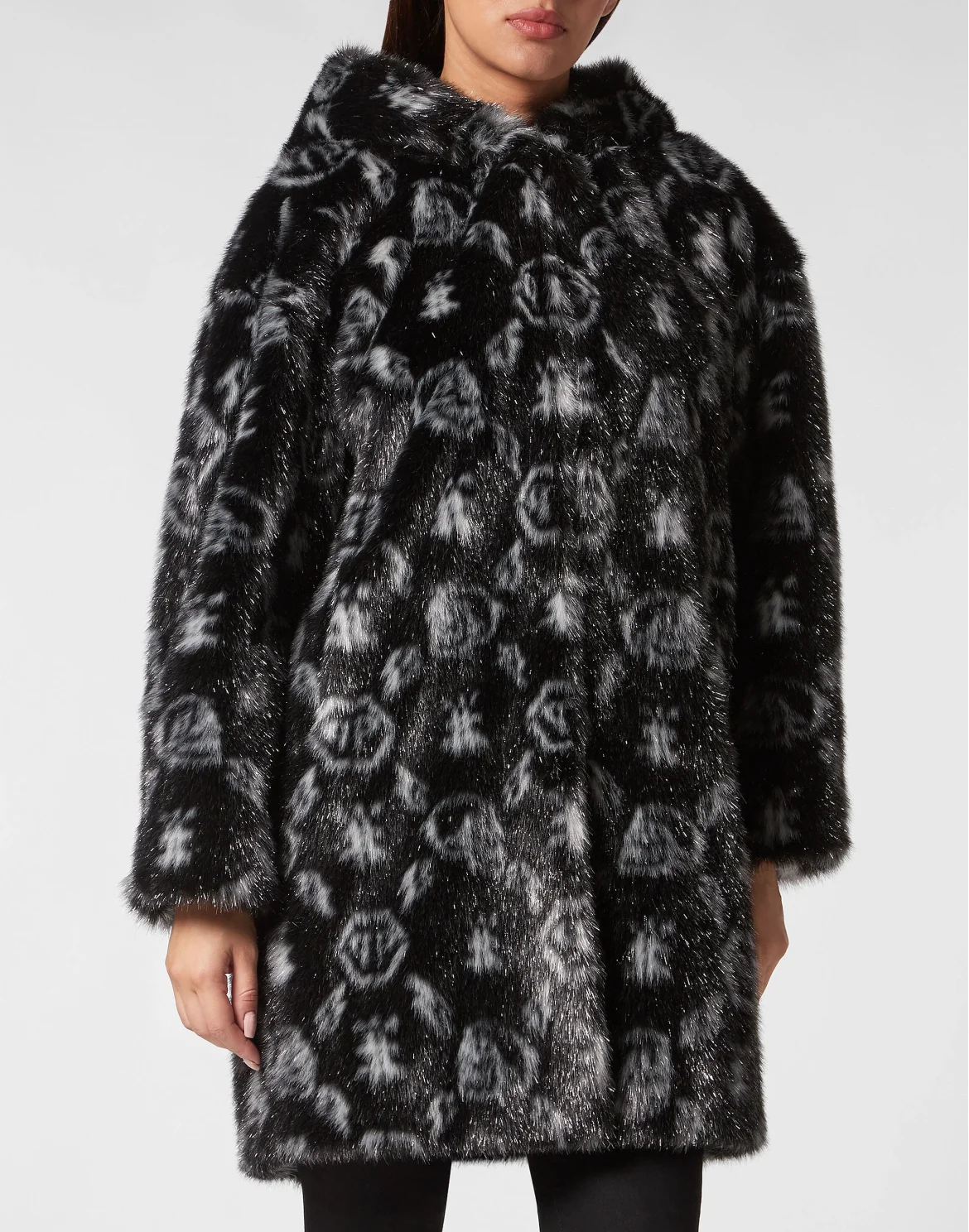 Eco Fur Coat Long Monogram, цвет: Черный