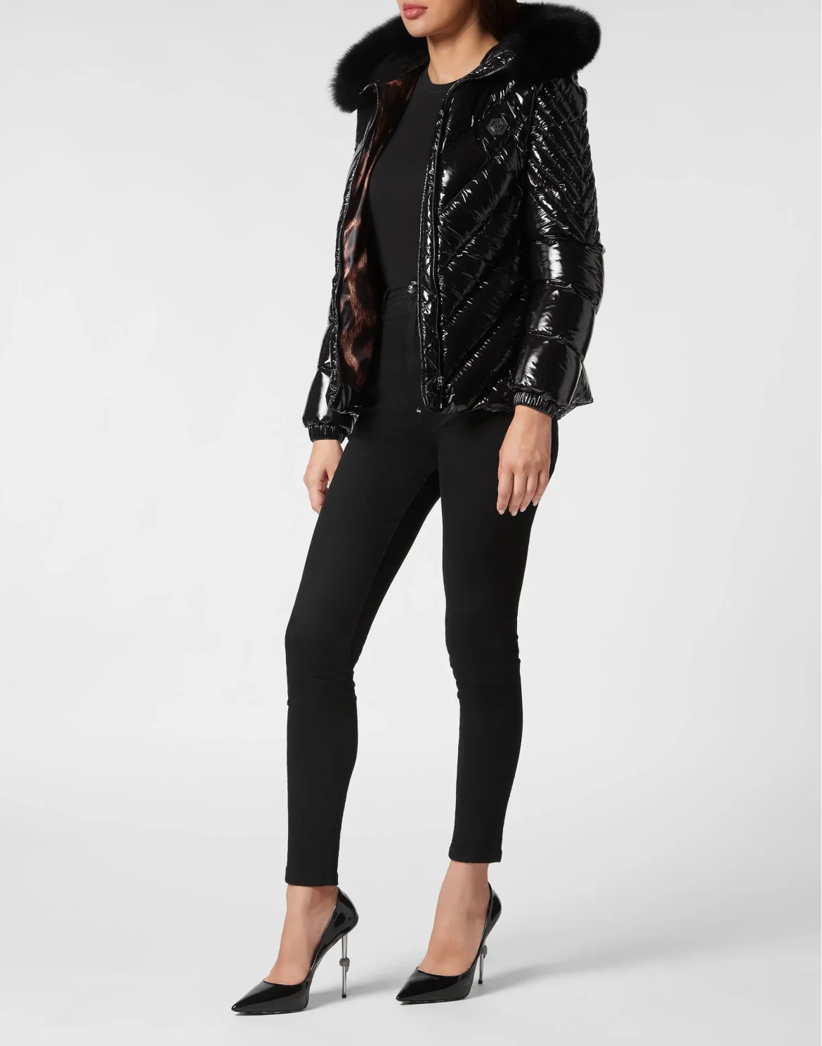 Nylon Down Jacket with Fur, цвет: Черный