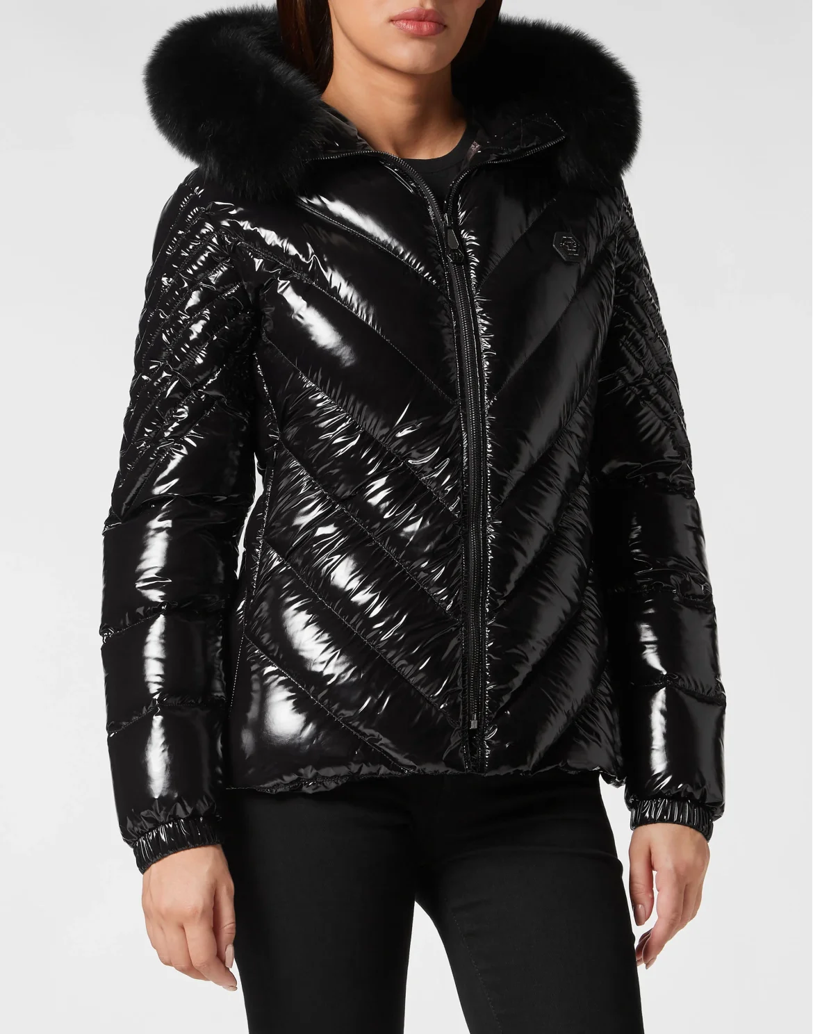Nylon Down Jacket with Fur, цвет: Черный