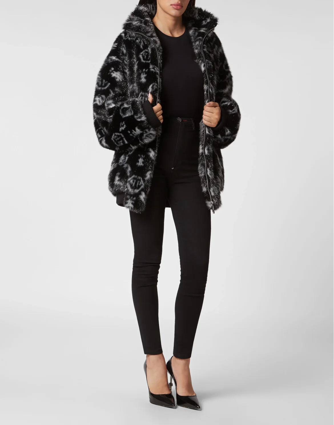 Lurex Eco Fur Maxi Bomber Monogram, цвет: Черный