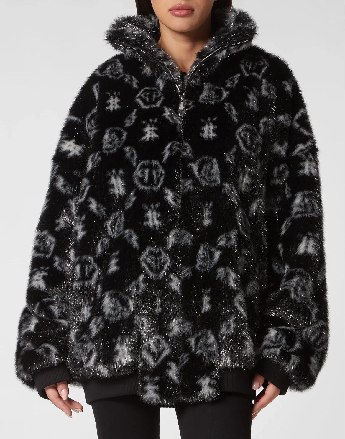 Lurex Eco Fur Maxi Bomber Monogram, цвет: Черный