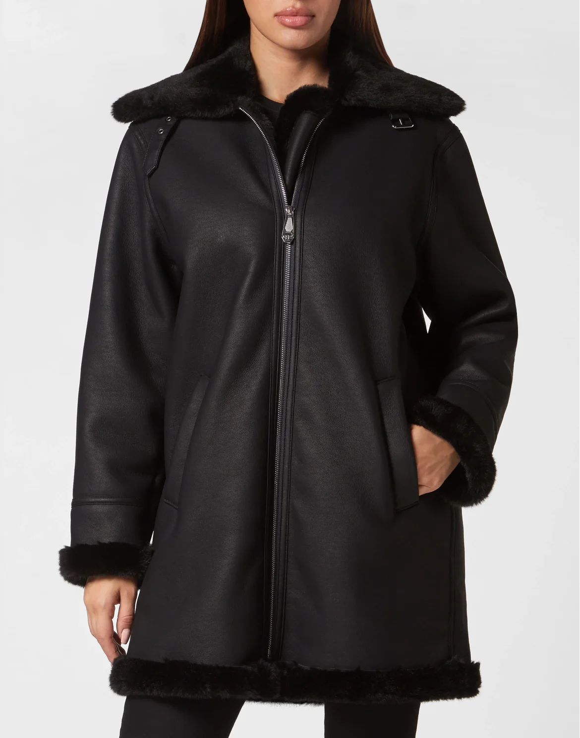 Eco Mutton Aviator Long Jacket Skull&Bones, цвет: Черный
