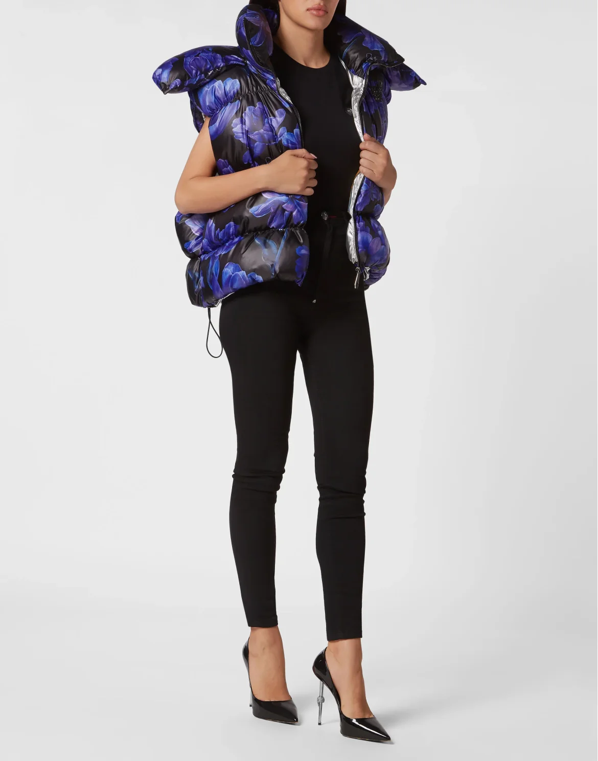 Nylon Down Jacket Vest Flowers, цвет: Черный