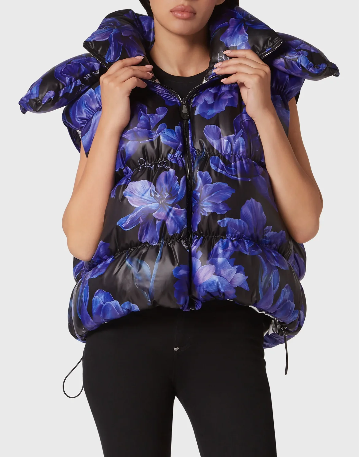 Nylon Down Jacket Vest Flowers, цвет: Черный