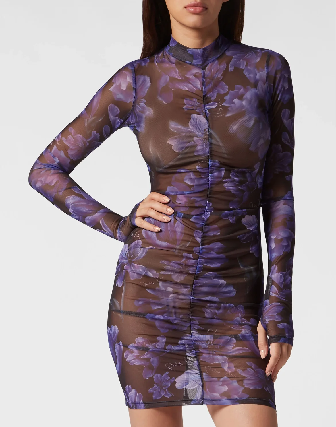 Long-sleeve Mini Dress Flowers, цвет: Черный