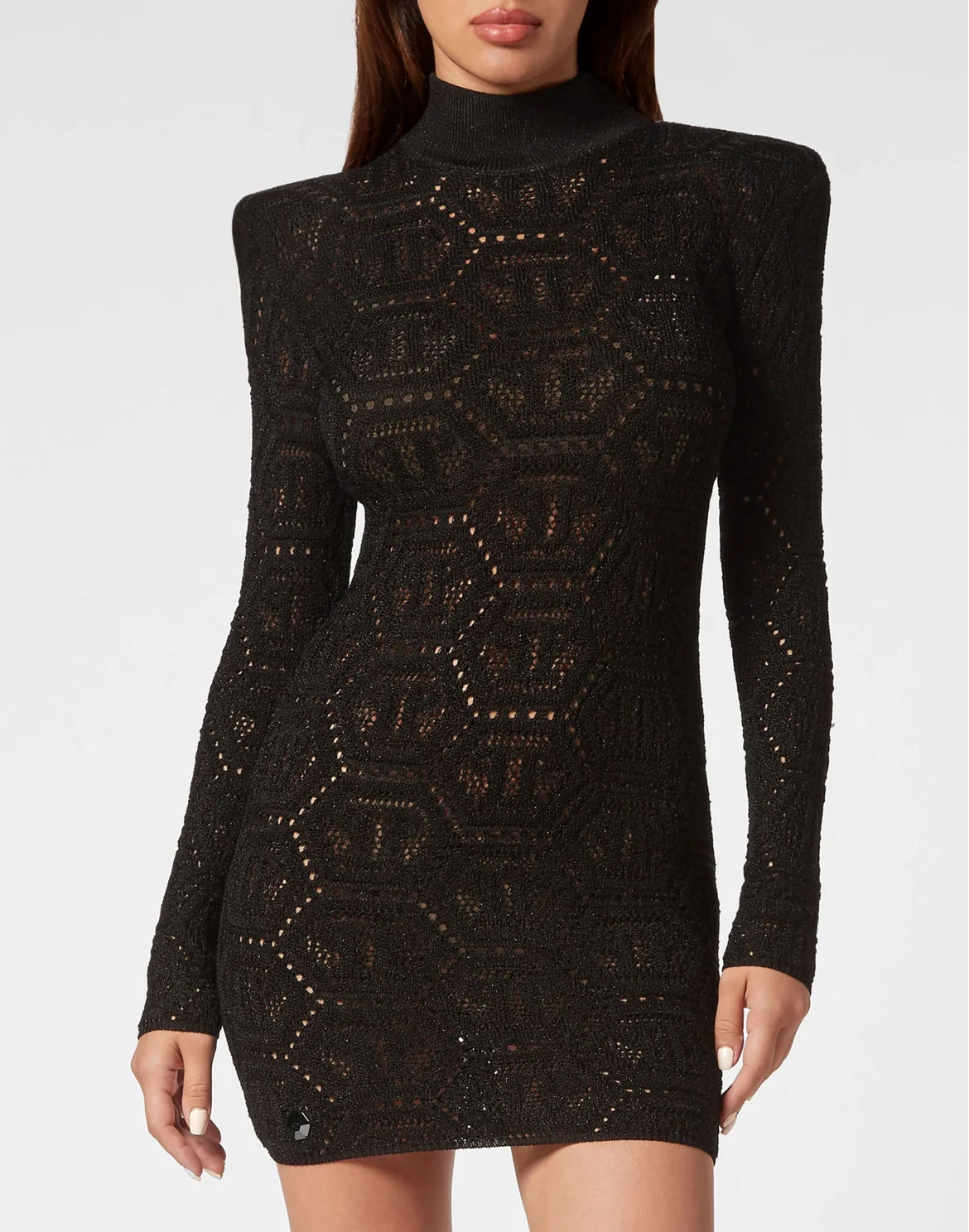 Lurex Padded Shoulder Mini Dress Hexagon, цвет: Черный