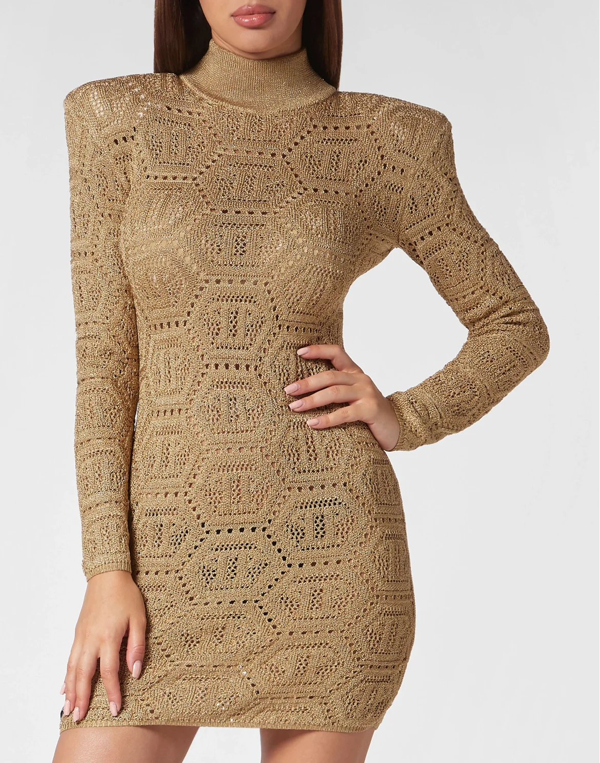 Lurex Padded Shoulder Mini Dress Hexagon, цвет: Золотой